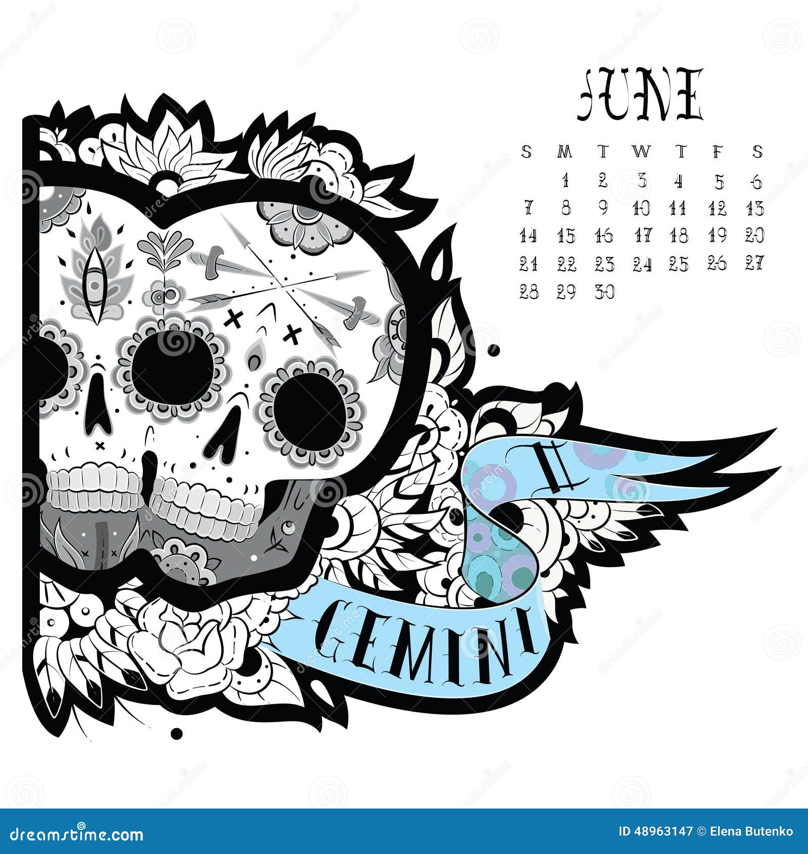 双子星座纹身花刺向量例证 插画包括有恐怖 纹身花刺 可怕 日历 墨西哥 设置 模式 占星