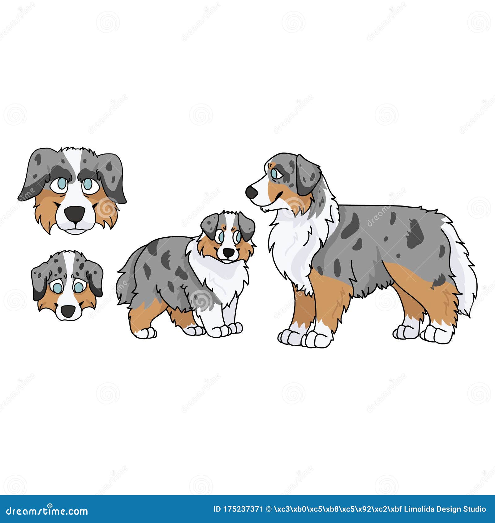 可爱卡通澳大利亚牧羊犬和小狗套型矢量剪爱狗人家谱犬犬犬品种普雷布雷向量例证 插画包括有字符 概念