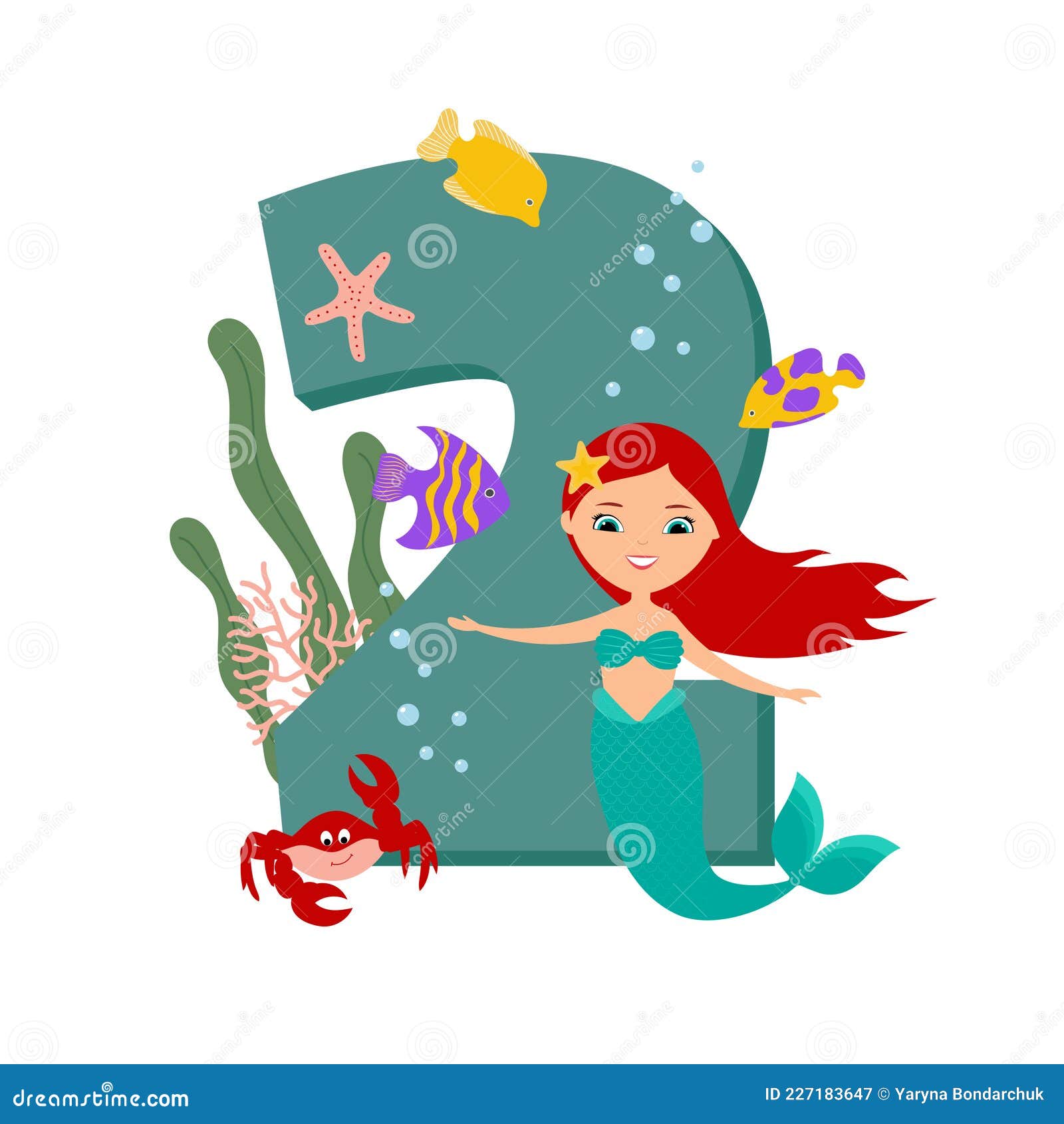 可爱的美人鱼和海洋生物 数字2 二岁生日 平面风格设计 向量例证 插画包括有例证 看板卡