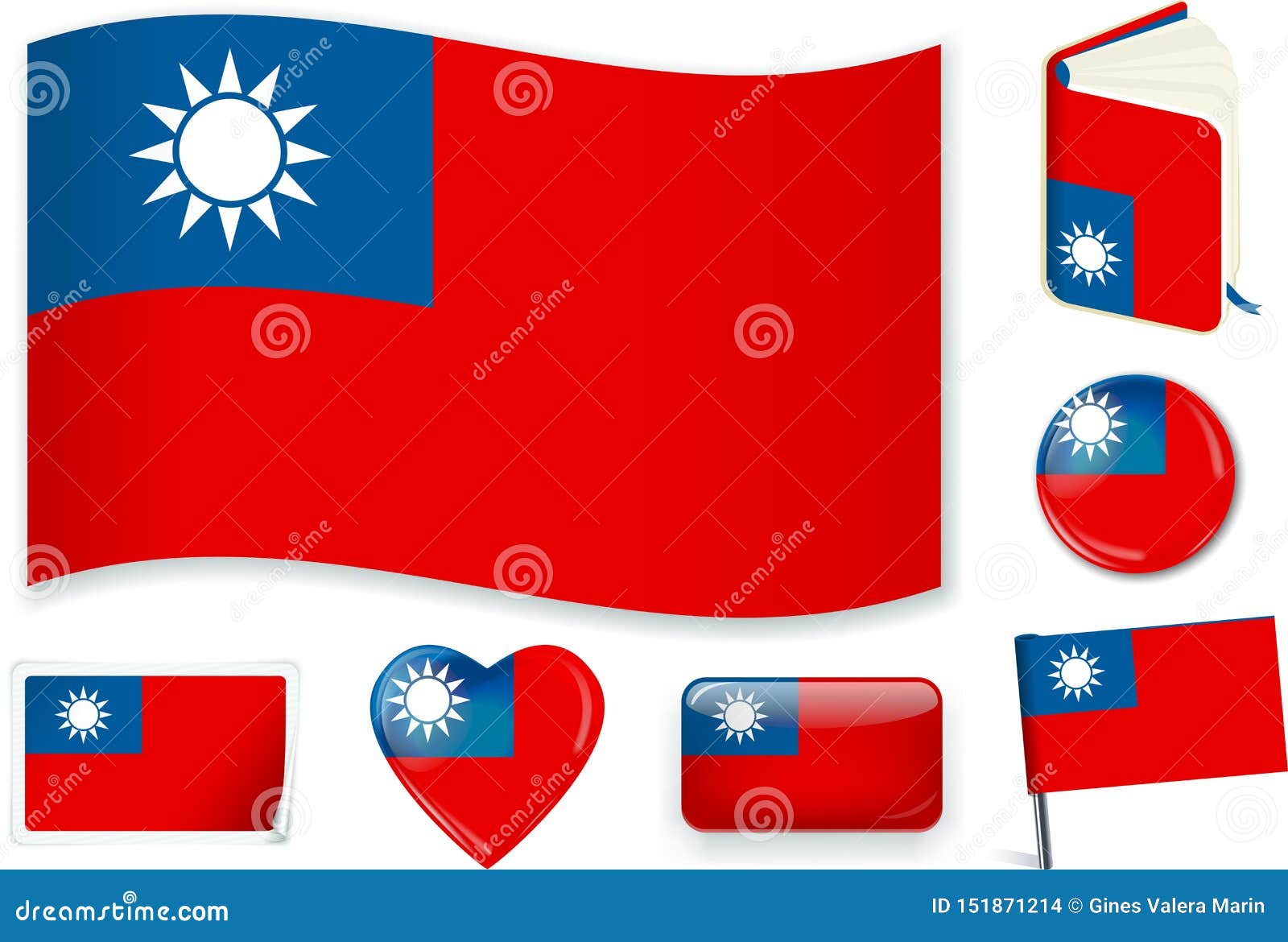 台湾旗子波浪 书 圈子 别针 按钮 心脏和贴纸向量例证 插画包括有