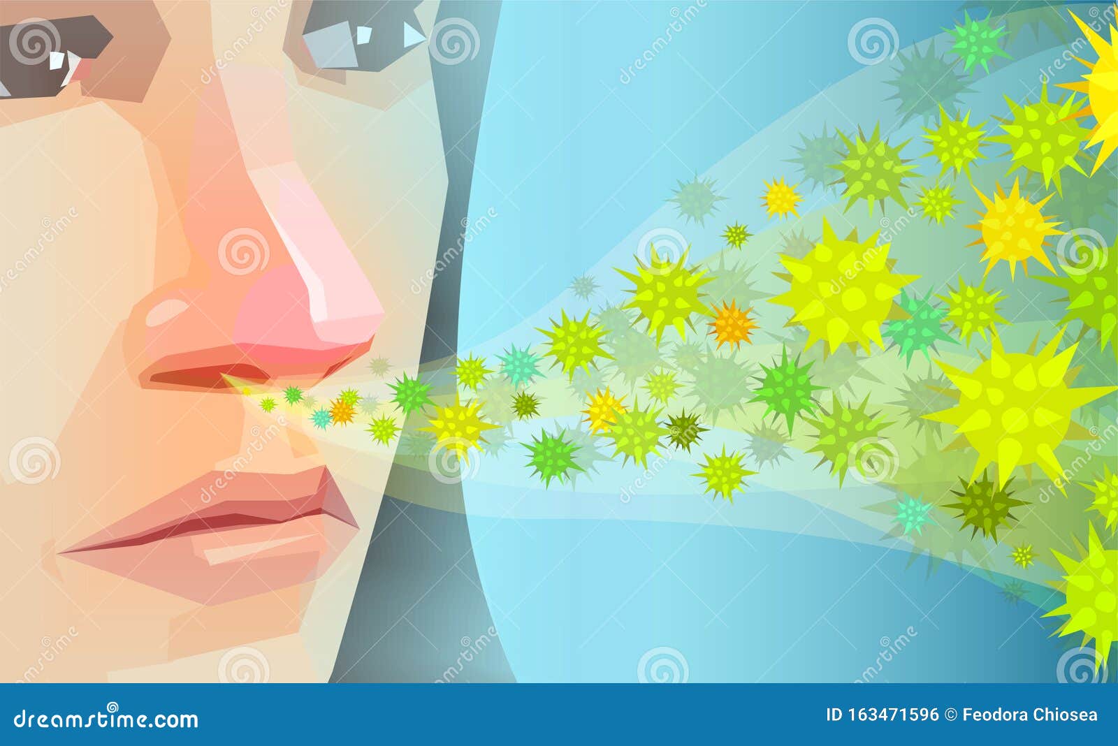 吸入花粉 粉花粉发热过敏原的女性病媒库存例证 插画包括有空中 季节性 眼睛 呼吸 气喘