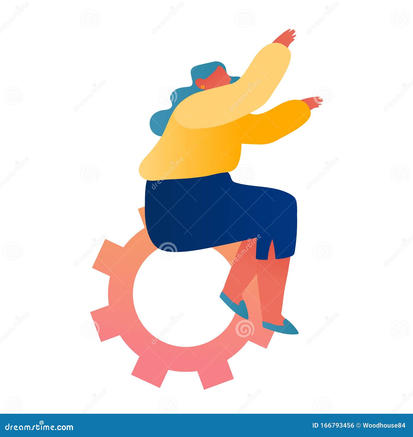商业机制 工作日常流程概念小妇女坐在大齿轮上向量例证 插画包括有组织 商业 钝齿轮 背包
