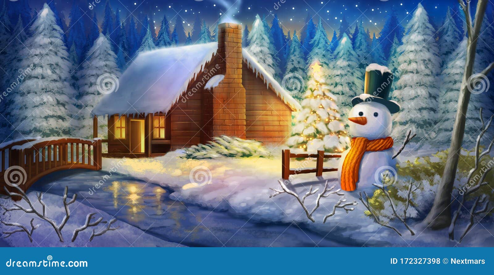圣诞夜冬暖舱雪地幻想背景库存例证 插画包括有室外 设计 横向 比赛 地产 小屋 圣诞节