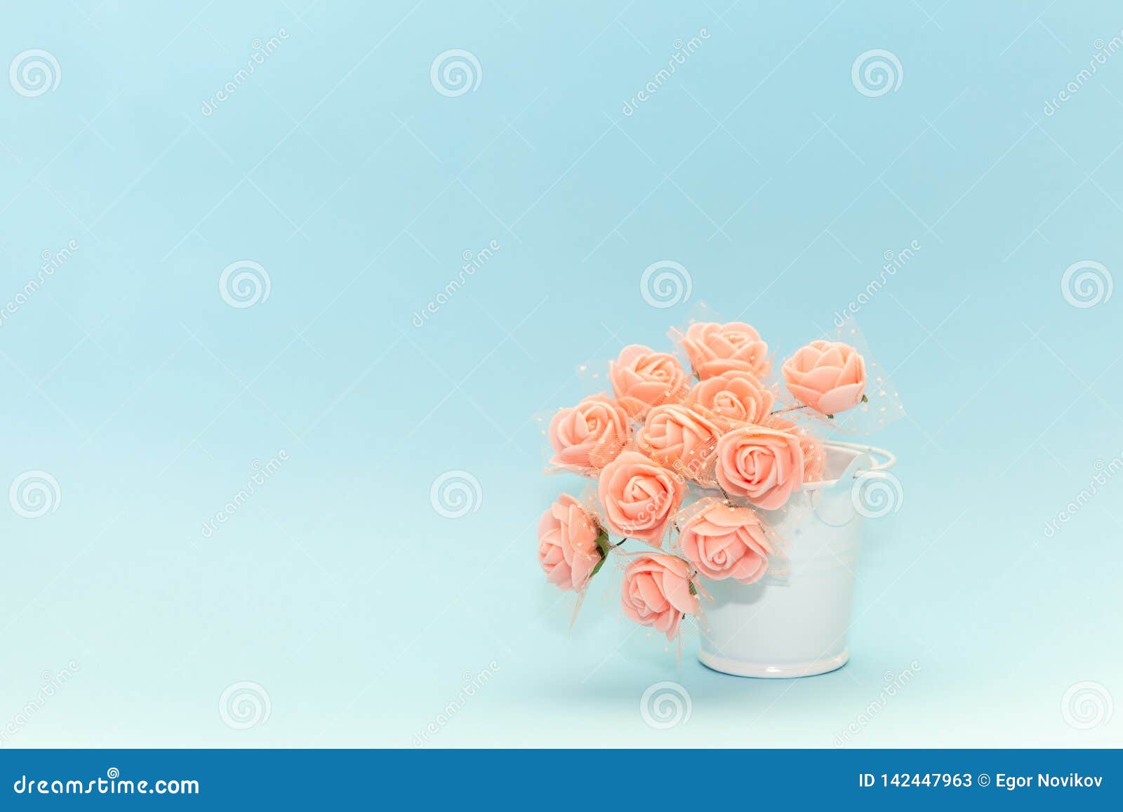 在一个白色玩具桶的桃红色花在浅兰的背景 花为假日3月8日或天2月14日 妇女的库存图片 图片包括有在一个白色玩具桶的桃红色花在浅兰的背景 花为假日3月 8日或天2月14日 妇女的