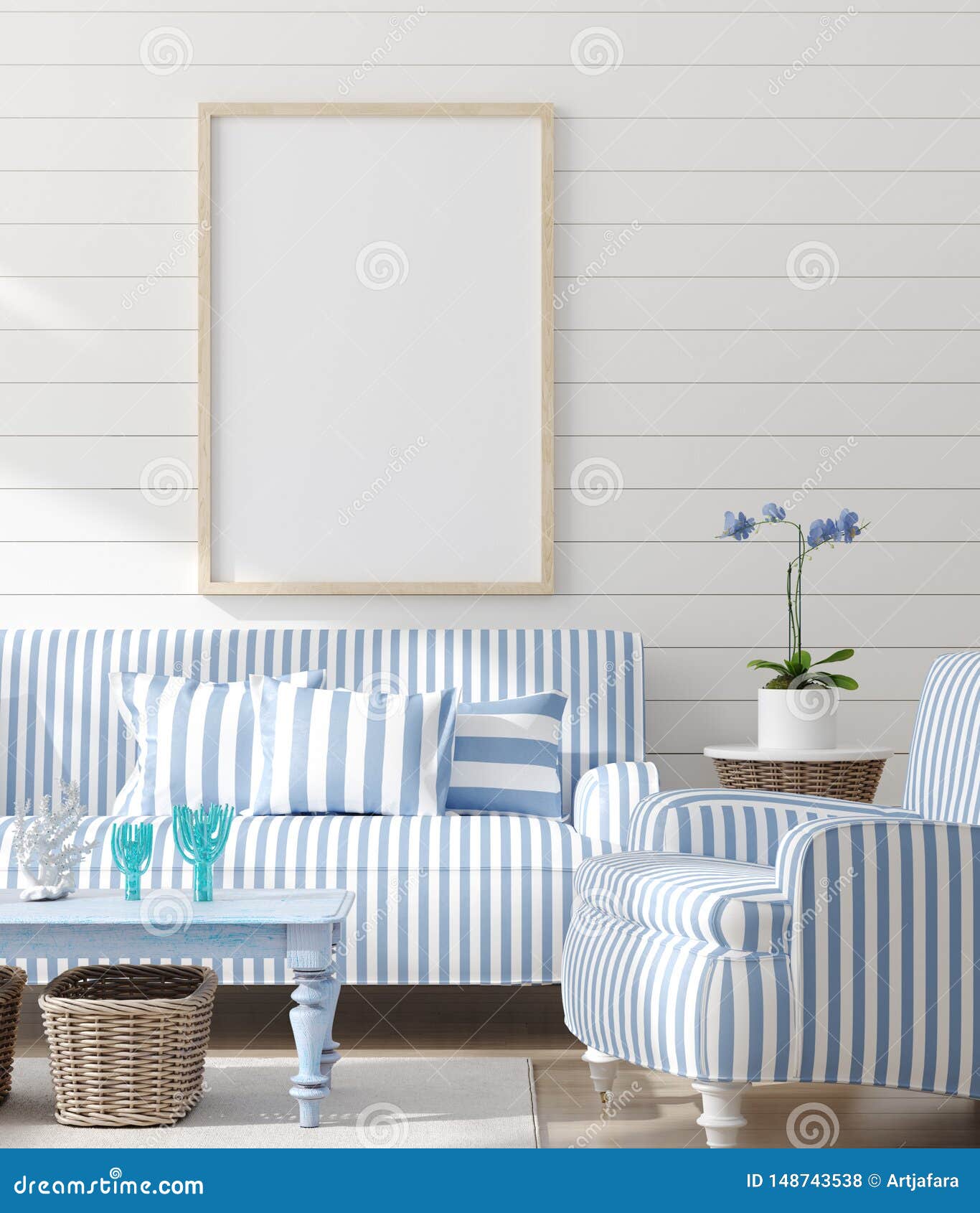在卧室内部的假装框架 有海装饰的海洋室和家具 沿海样式库存照片 图片包括有