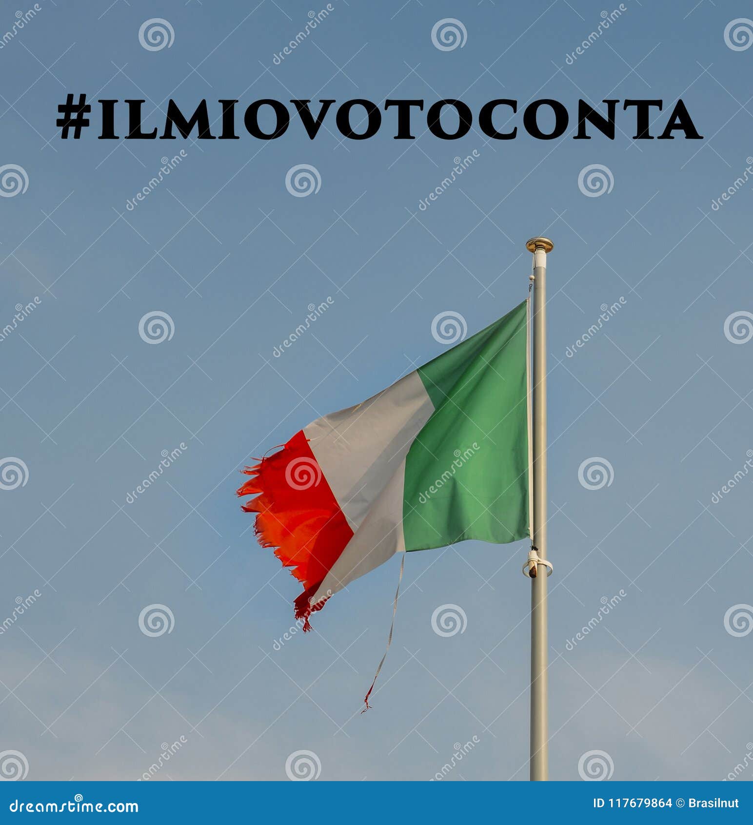 在吹在与被剥去的角落的风的帆柱的意大利旗子ilmiovoto Conta在意大利语到英语被翻译意味我的v 库存照片 图片