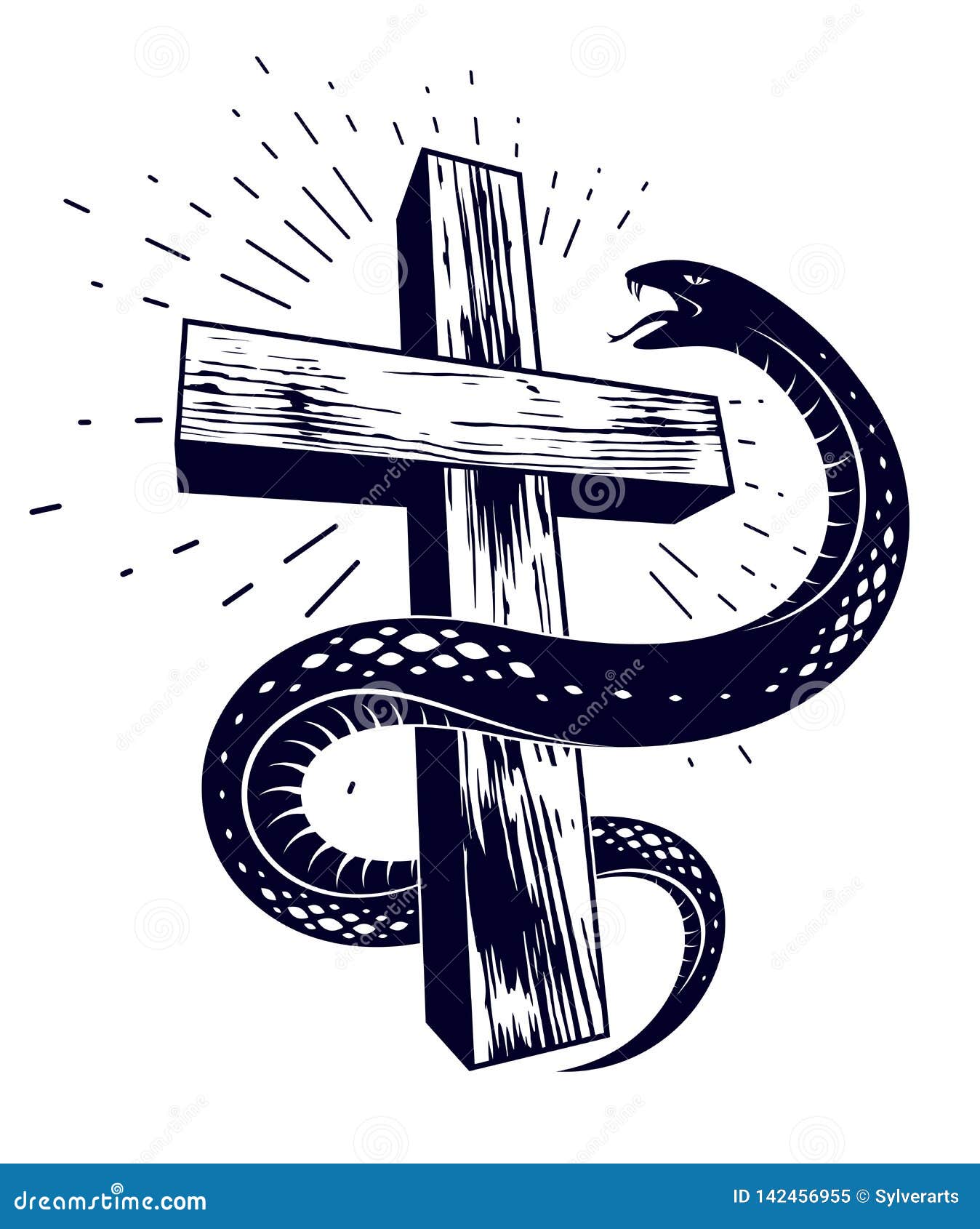 在基督徒十字架附近的蛇套 在善恶之间的奋斗的圣徒和罪人 的爱憎 象征性的生与死向量例证 插画