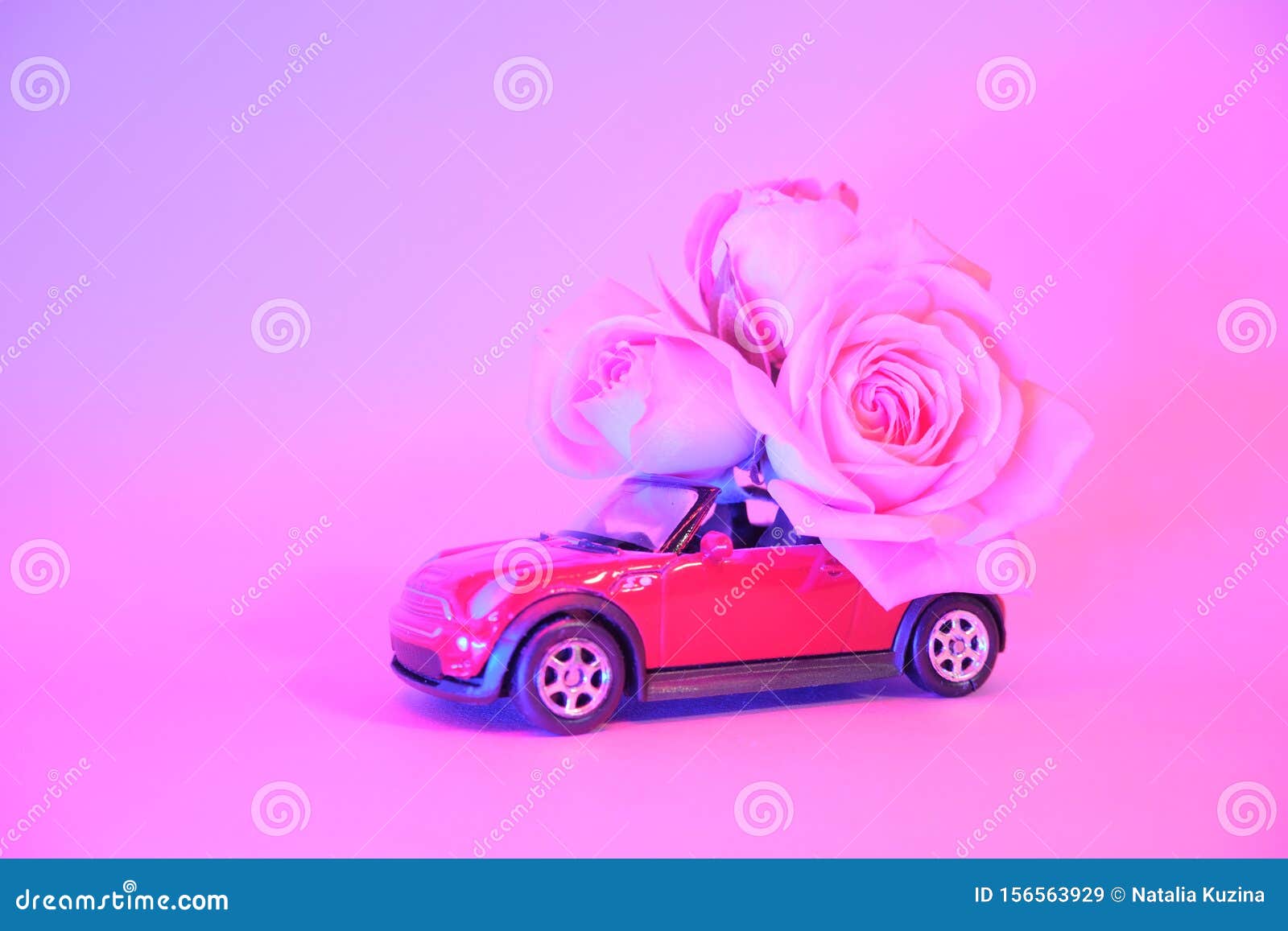 在时髦的彩色霓虹背景上递送粉红玫瑰花束的红色玩具车文本位置2月14日卡库存图片 图片包括有