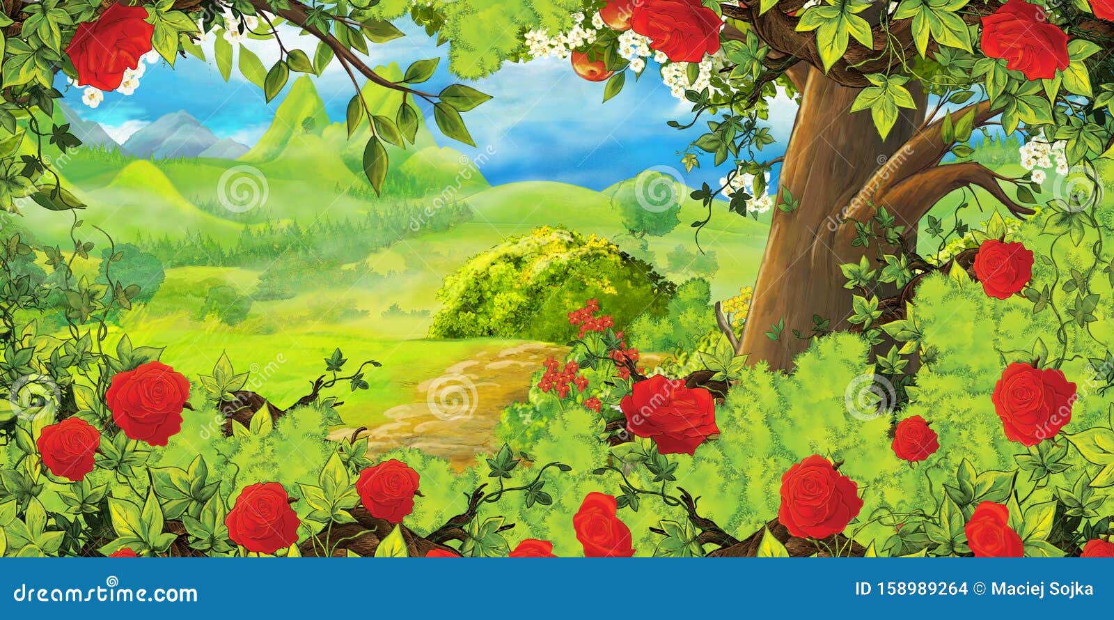 在森林或花园里有小路的夏日卡通场景 玫瑰丛 没有在现场 为孩子们做插图库存照片 图片包括有设计 孩子 在森林或花园里有小路的夏日卡通场景 玫瑰丛 没有在现场 为孩子们做插图库存照片 图片包括有设计 孩子