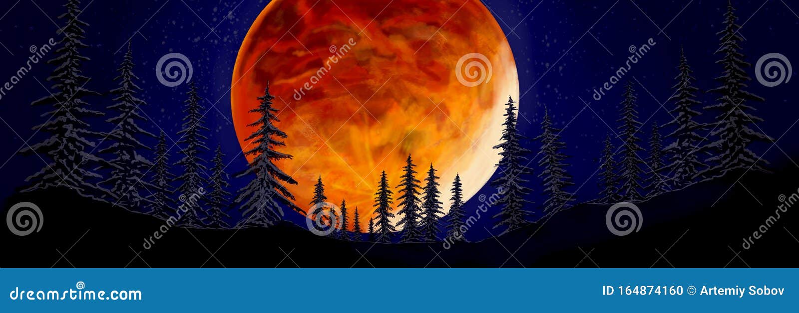 在森林里 一个夜晚 在树上 一个巨大的红月 一个神秘的月亮万圣节壁纸库存照片 图片包括有巨大 室外