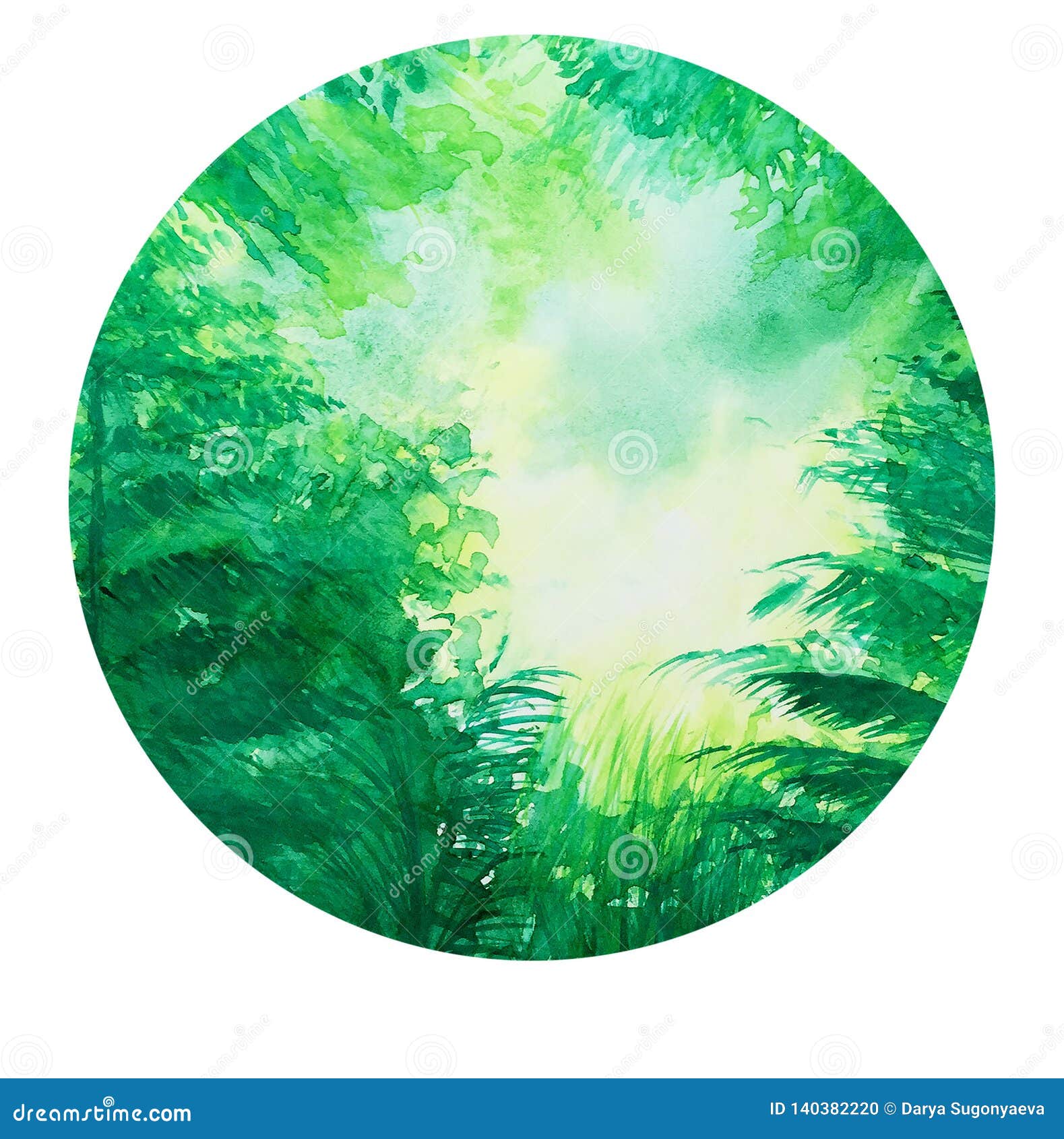 在白色背景的绿色热带森林水彩illustrationin圈子库存例证 插画包括有