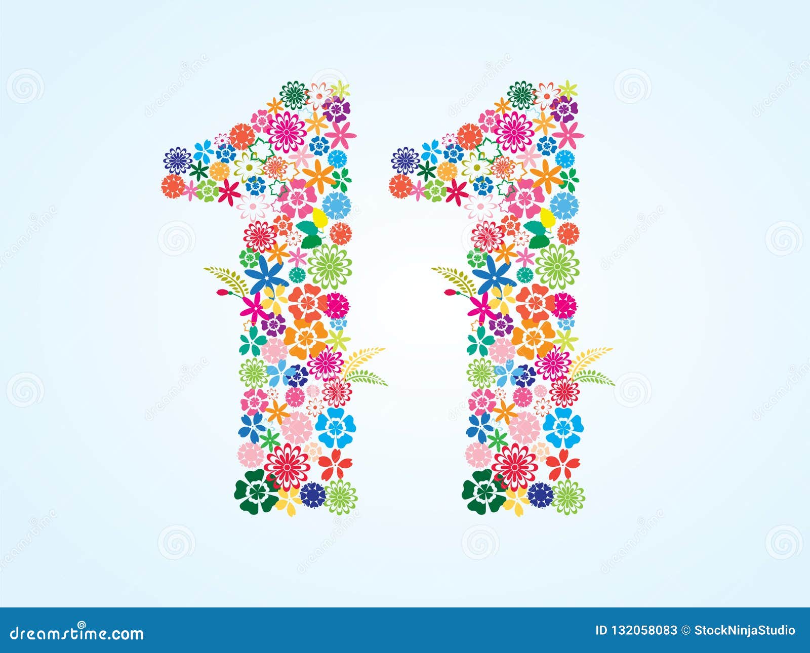 在白色背景隔绝的传染媒介五颜六色的花卉11个数字设计花卉第十一字体