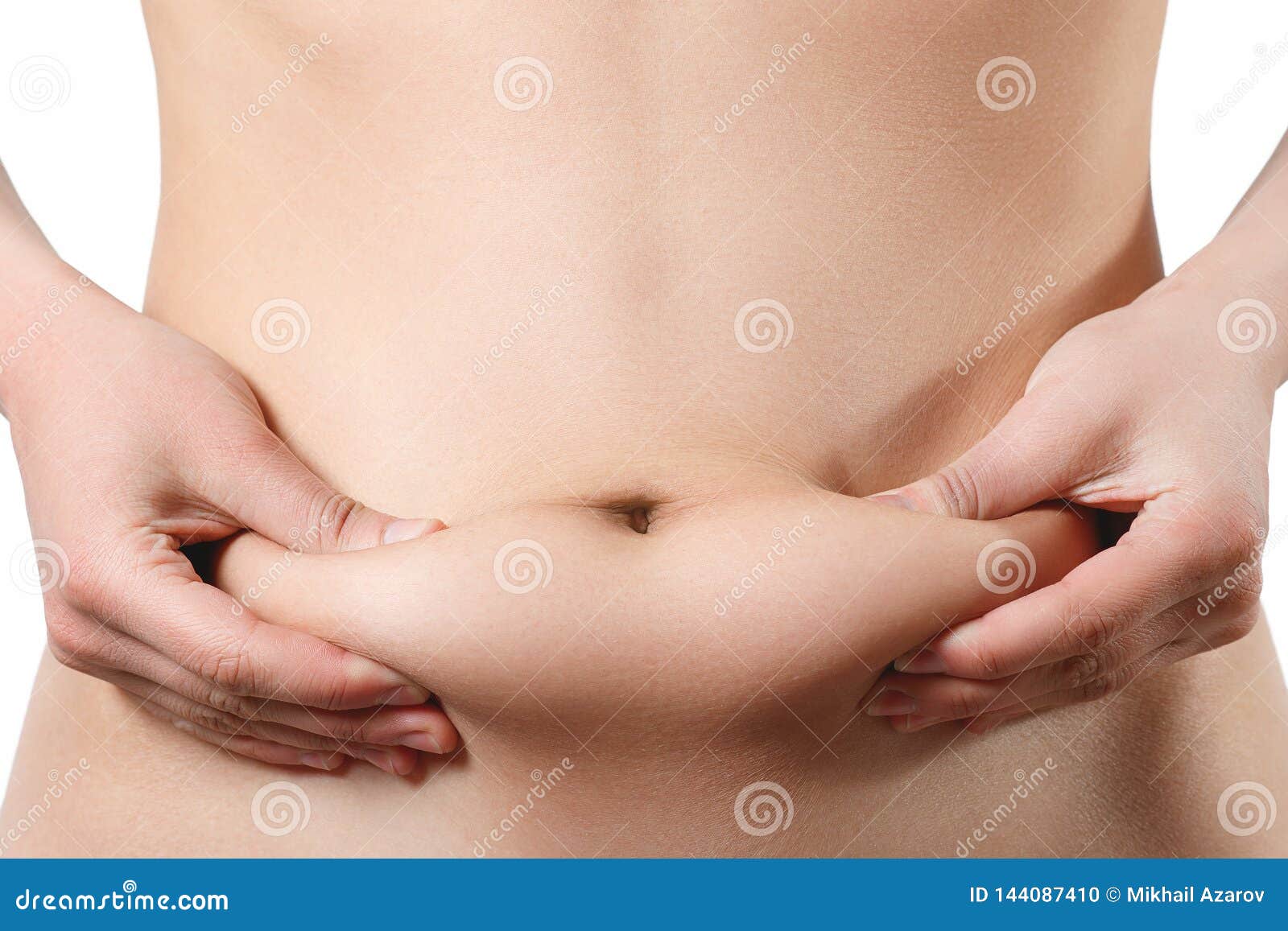 在白色背景隔绝的妇女体脂肪腹部正面图库存照片 图片包括有