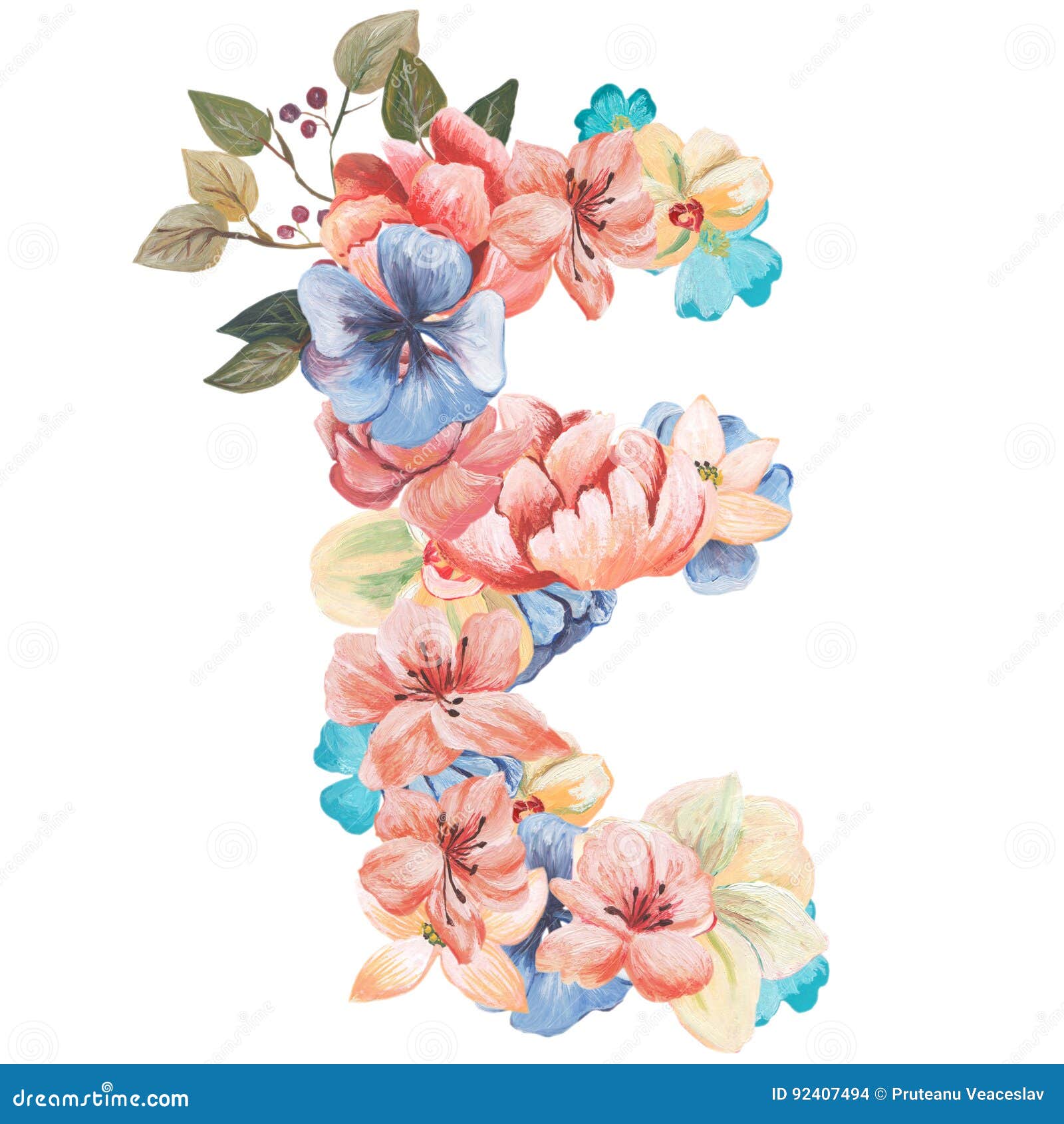 在水彩花 被隔绝手拉在白色背景 婚姻的设计上写字 英语字母表e 库存例证 插画包括有