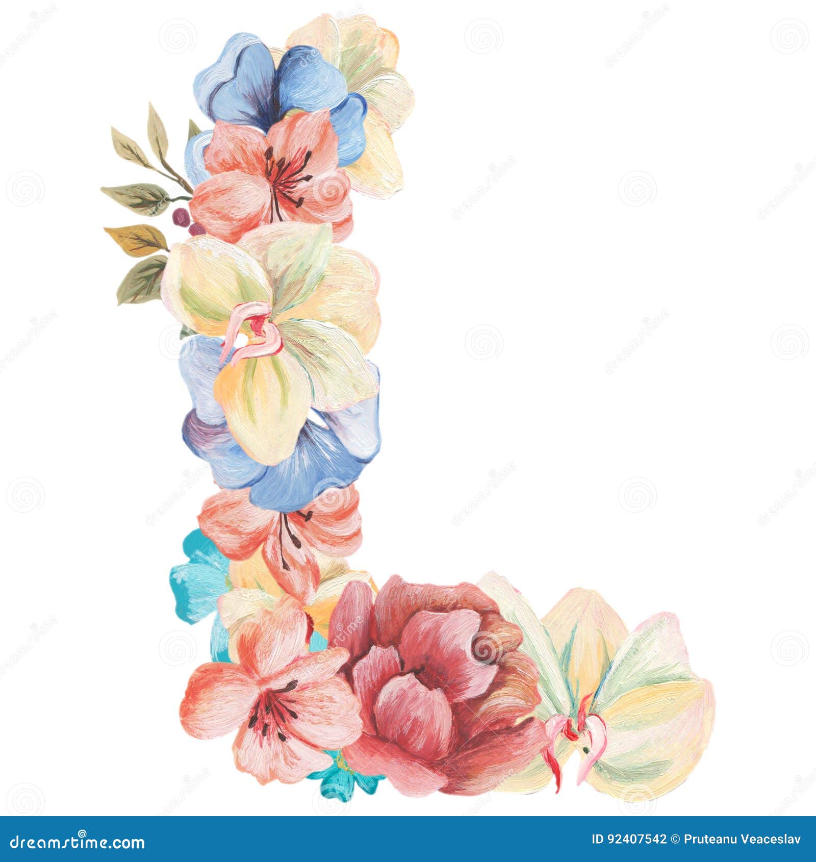 在l水彩花 被隔绝手拉在白色背景 婚姻的设计上写字 英语字母表库存例证 插画包括有绽放 字符