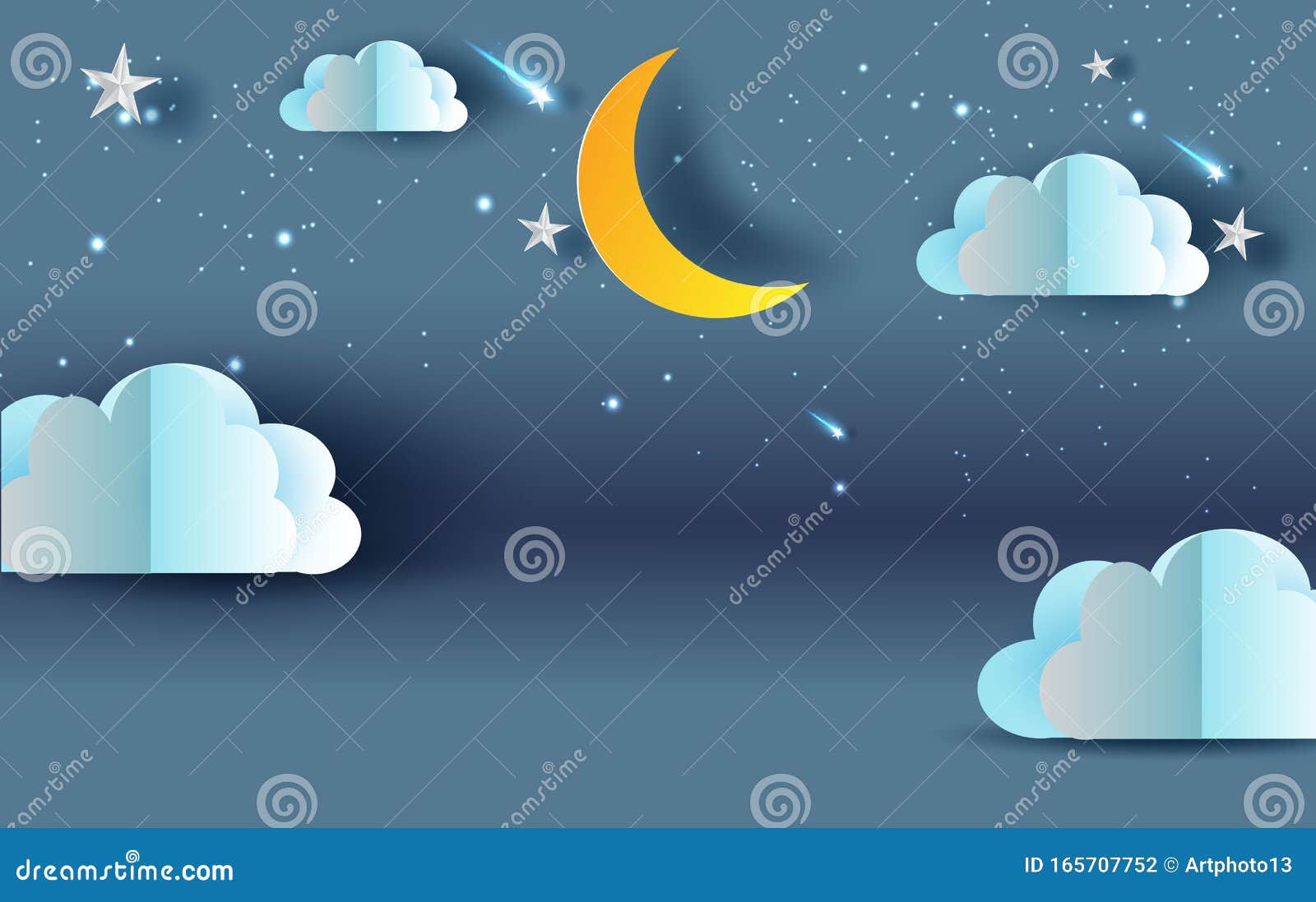 场景天空幻想天空之夜的云与流星甜蜜梦 你的文本空间蓝色深色背景全景月半向量例证 插画包括有全景月半 场景天空幻想