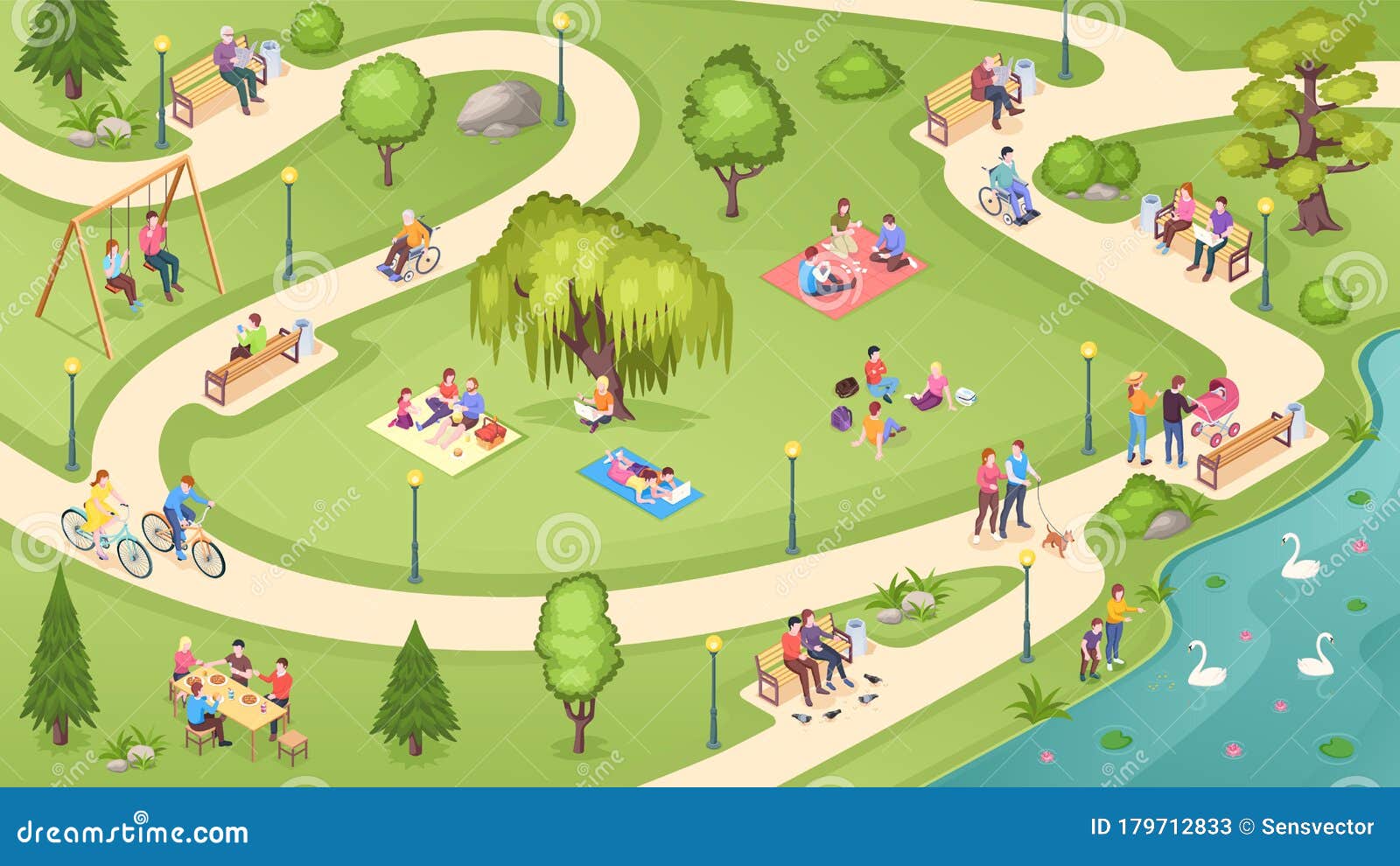 城市公园里的人 家庭休息 休闲活动向量例证 插画包括有作用 设计 子项 草坪 长凳 城市