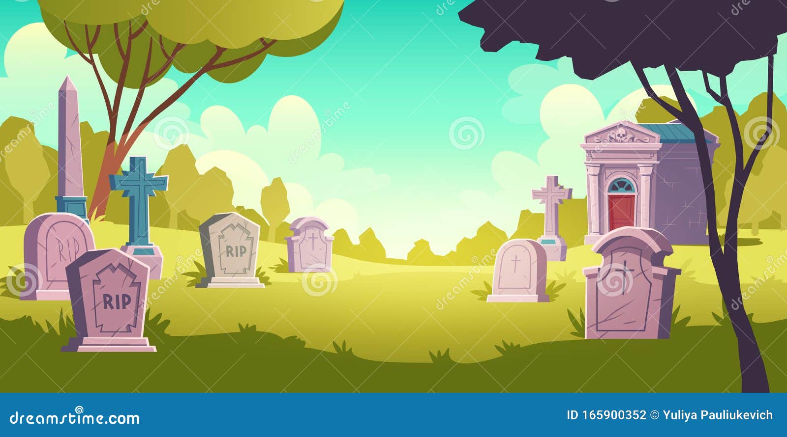 墓地日景 带rip的墓碑向量例证 插画包括有绿色 停止 方尖碑 土窖 纪念 裂口 葬礼