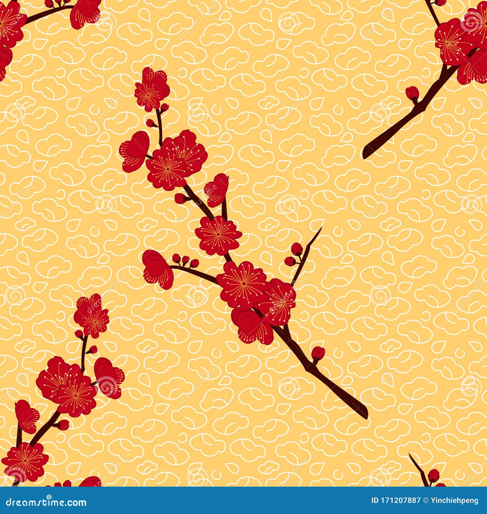 复古梅花李梅与中国云的无缝图案背景梅花枝向量例证 插画包括有汉语 日本 花瓣 花卉 新建