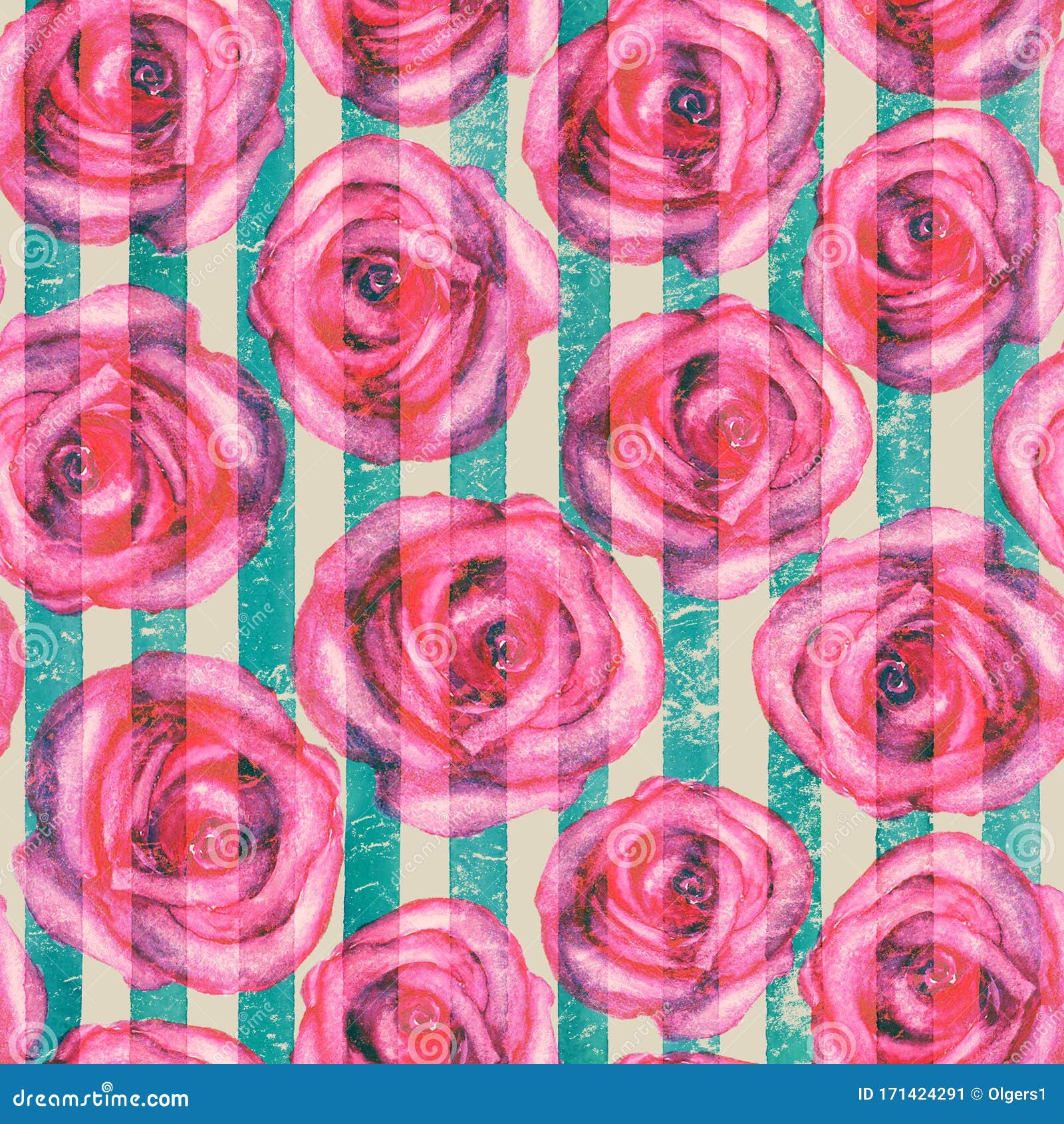 复古背景 水彩粉红玫瑰衬着青绿色条纹的无缝图案库存例证 插画包括有模式 绘画 开花 方式