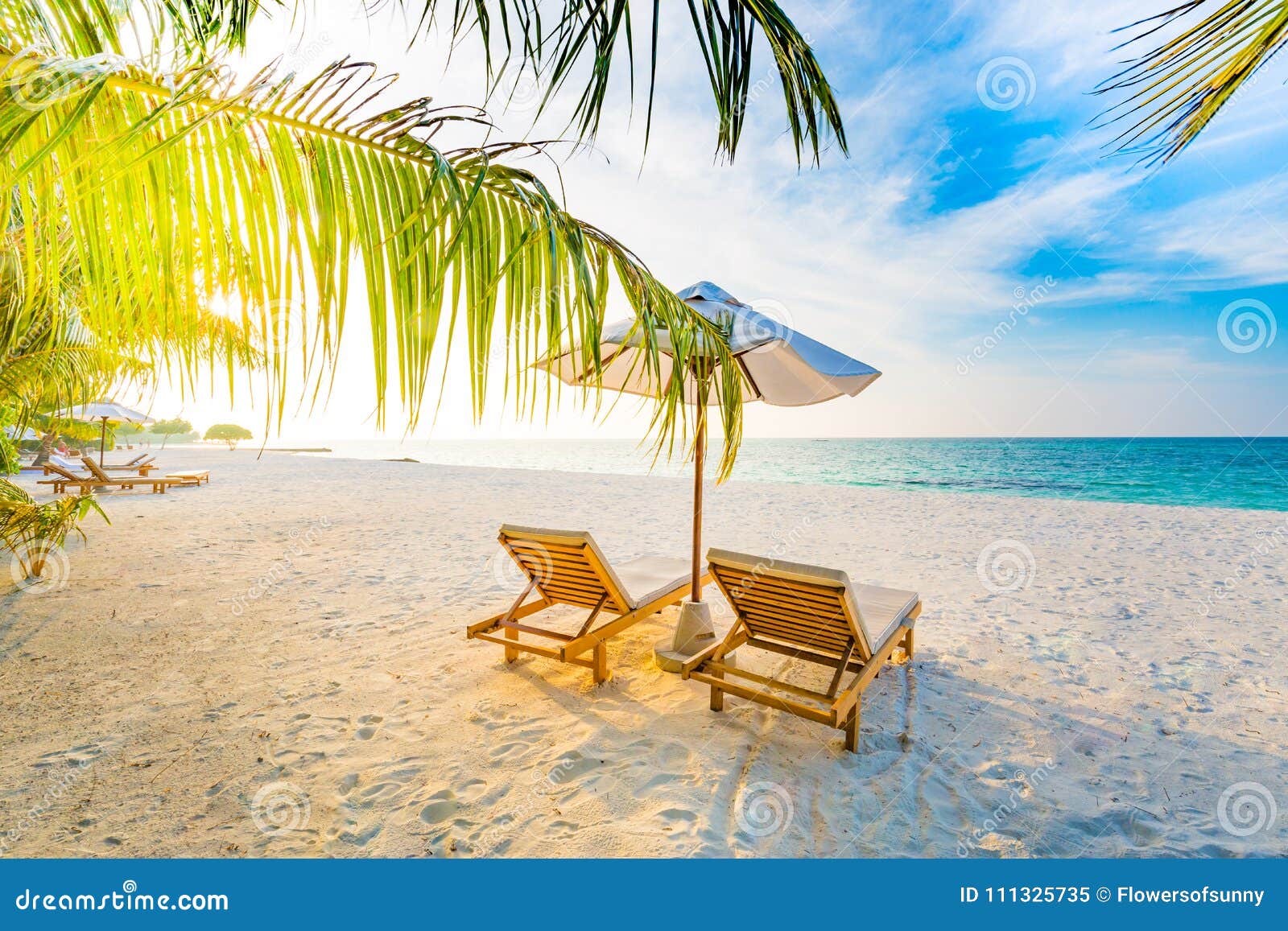 夏天旅行目的地背景夏天海滩场面、太阳床阳伞和棕榈树库存图片. 图片包括有心情, 海岛, 冒险家- 111325735