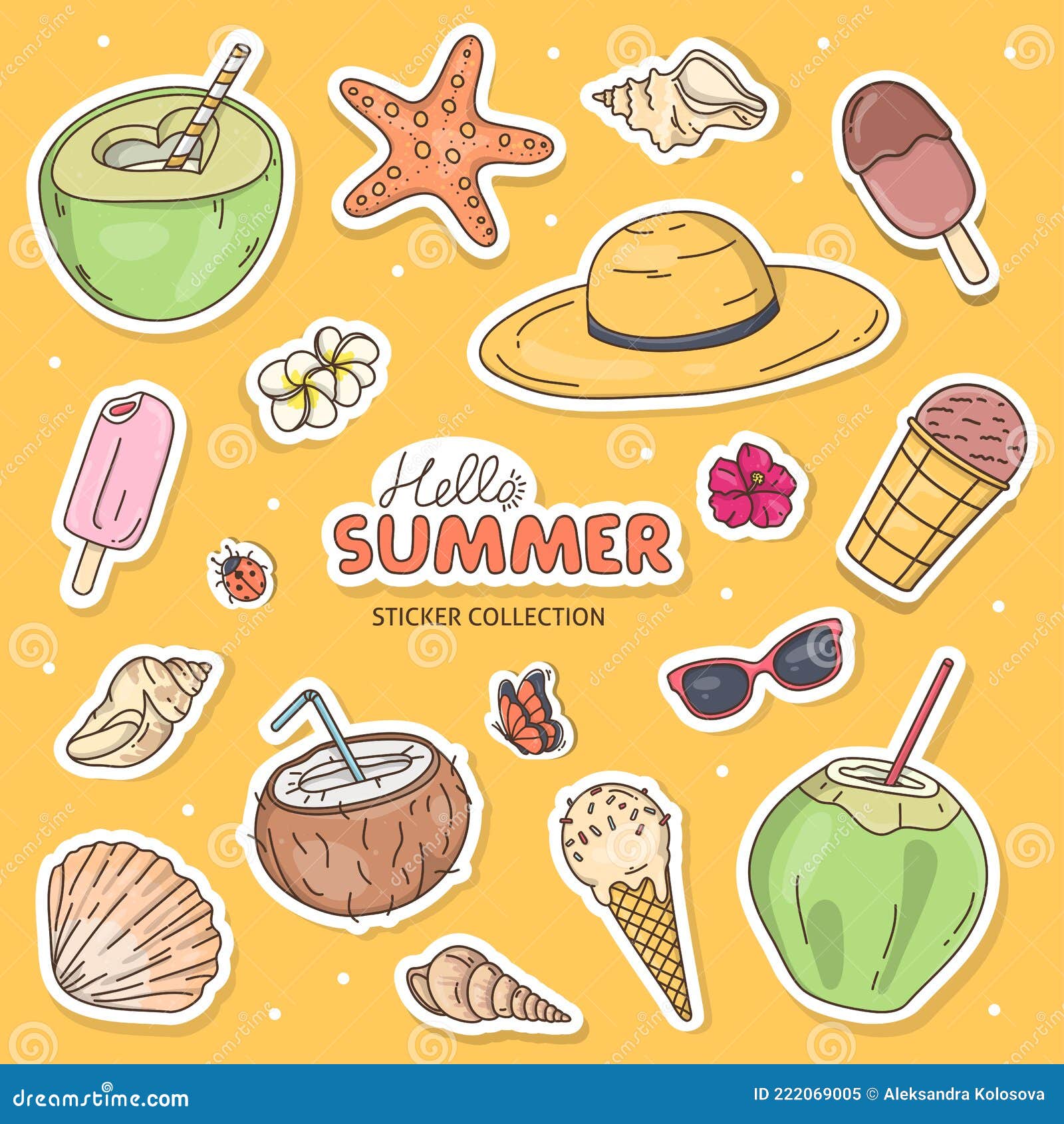 夏日主题的贴纸 涂鸦风格 向量例证 插画包括有鸡尾酒 季节 你好 图画 帽子 海洋