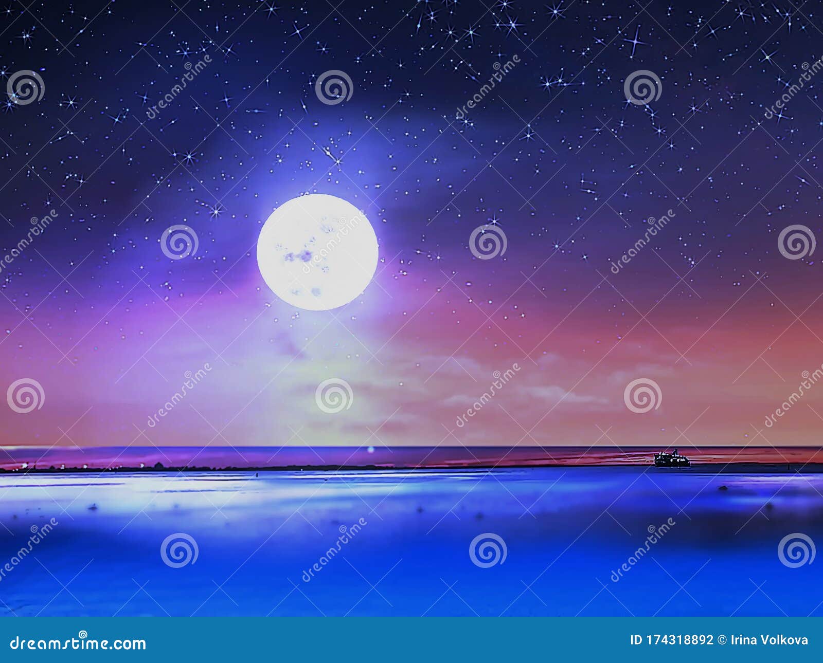 夜海星空满月蓝色波浪反射中的粉红日落地平线自然背景库存照片 图片包括有夜间 砍的