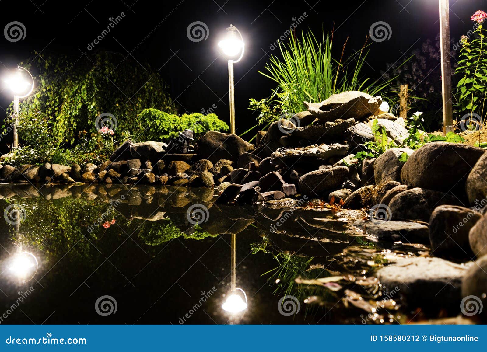 夜间花园池夜里的池塘岸园鱼池自然景观上的花园池塘水庭天然库存照片 图片包括有岩石 住宅 夜间花园池夜里的池塘岸园鱼池自然景观上的花园池塘水庭天然库存照片 图片包括有岩石 住宅