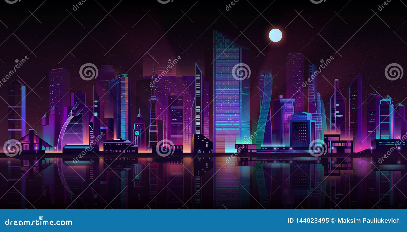 大都会夜风景霓虹动画片传染媒介向量例证 插画包括有