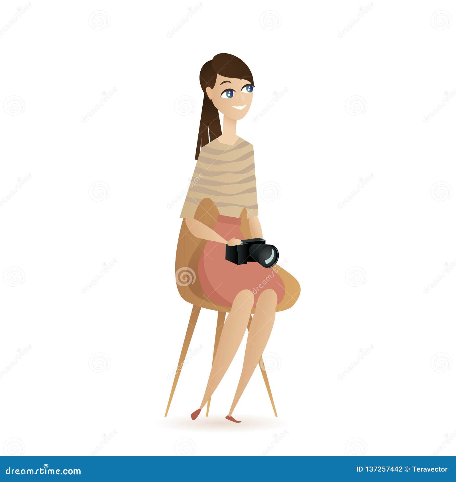 女性摄影师举行照相机坐椅子向量例证 插画包括有椅子 女性 平面 自由职业者 礼服 员工