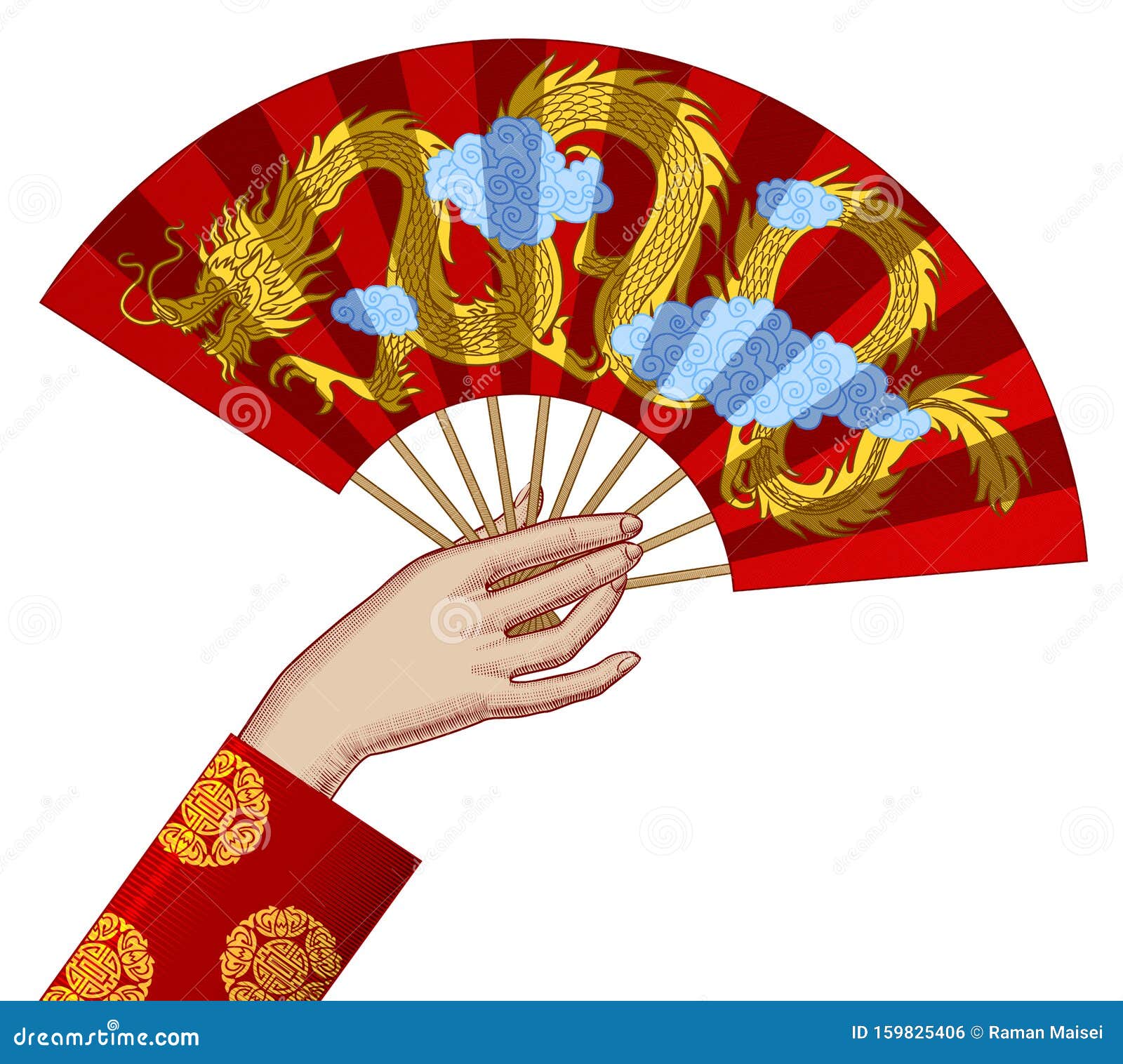 女手握着一只红色的中国扇子向量例证. 插画包括有金子, 艺术, 中国, 节日, 装饰, 美妙, 女性- 159825406