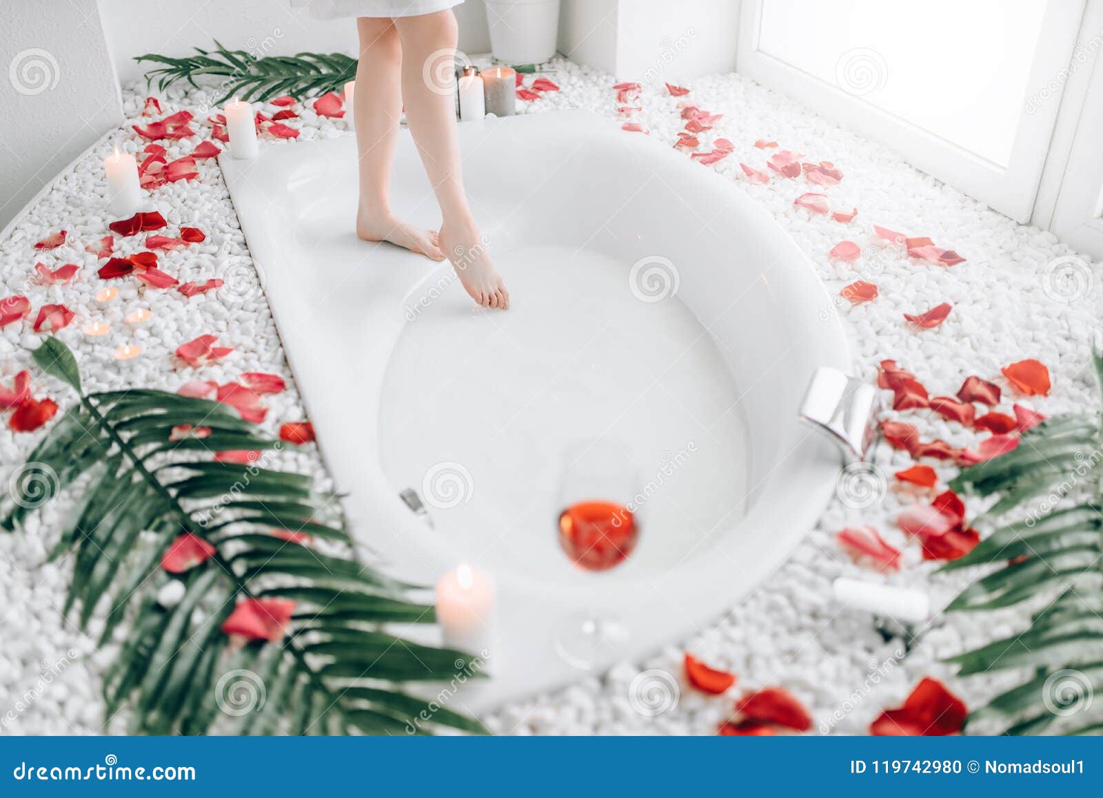 妇女浸洗腿入浴 玫瑰花瓣装饰库存照片 图片包括有自然 爱好健美者 放松 护肤 叶子 卫生学