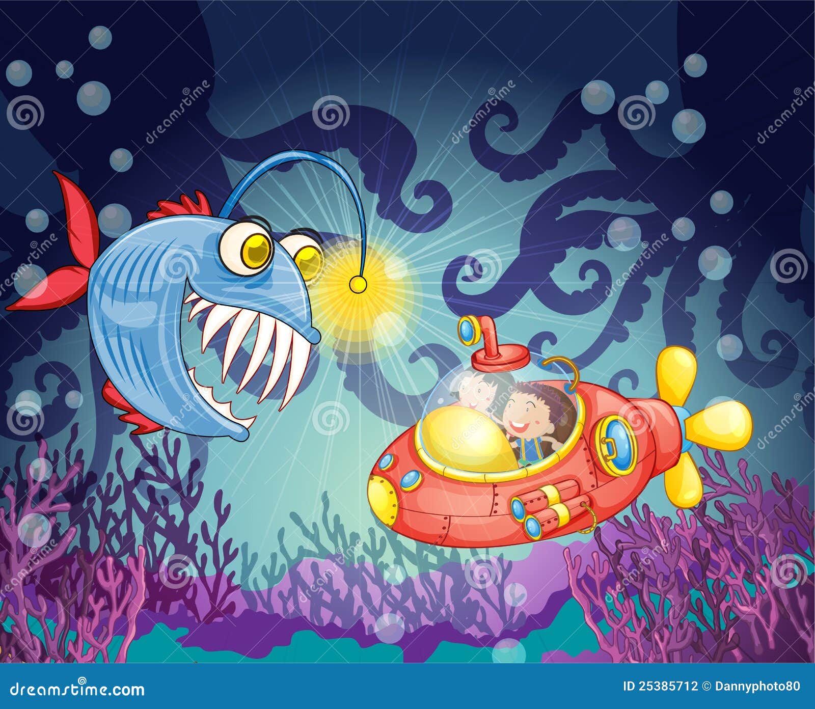妖怪鱼和潜水艇库存例证 插画包括有神仙 人力 女孩 少许 颜色 恐惧 深深 男朋友