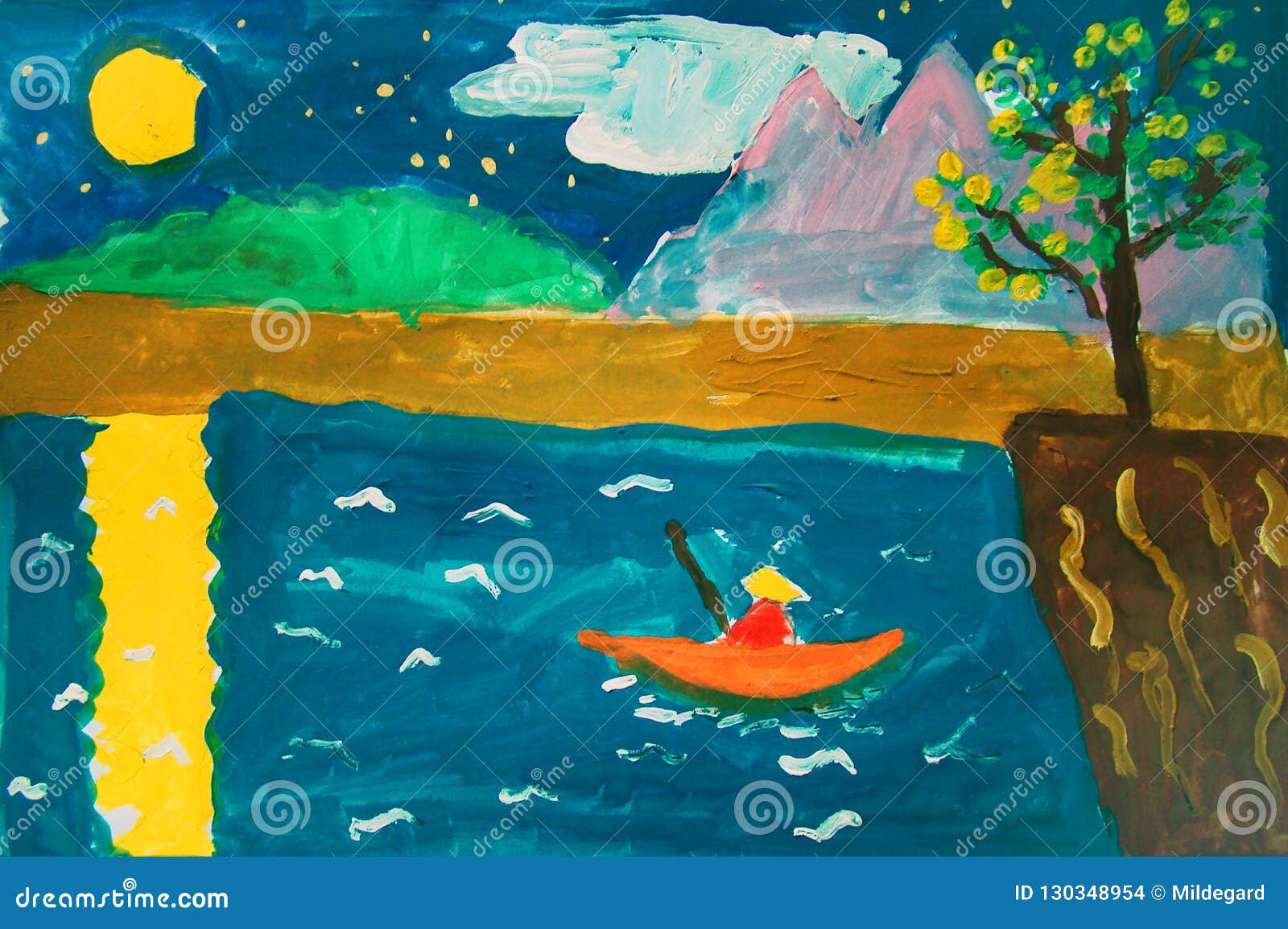 孤独的渔夫 孩子做的树胶水彩画颜料绘画库存例证 插画包括有 孤独的渔夫 孩子做的树胶水彩画颜料绘画库存例证 插画包括有
