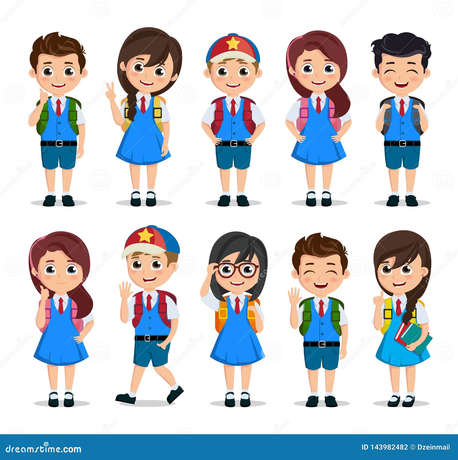 学生字符导航集合学校穿有各种各样的姿势的孩子卡通人物校服向量例证 插画包括有幼稚园 教育
