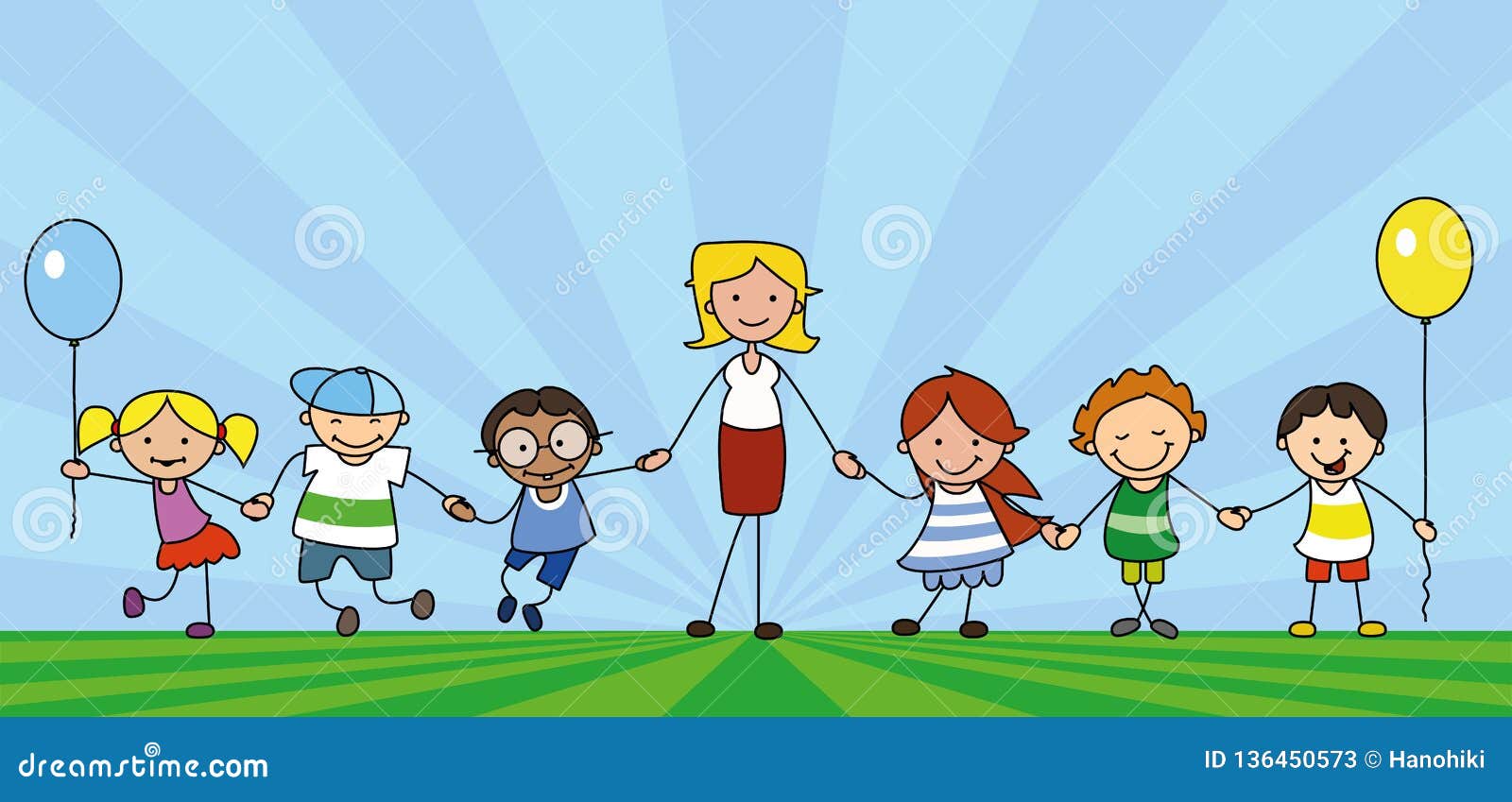 孩子和老师握手 教育家的草甸的有preeschool孩子的向量例证 插画包括有童年 友谊