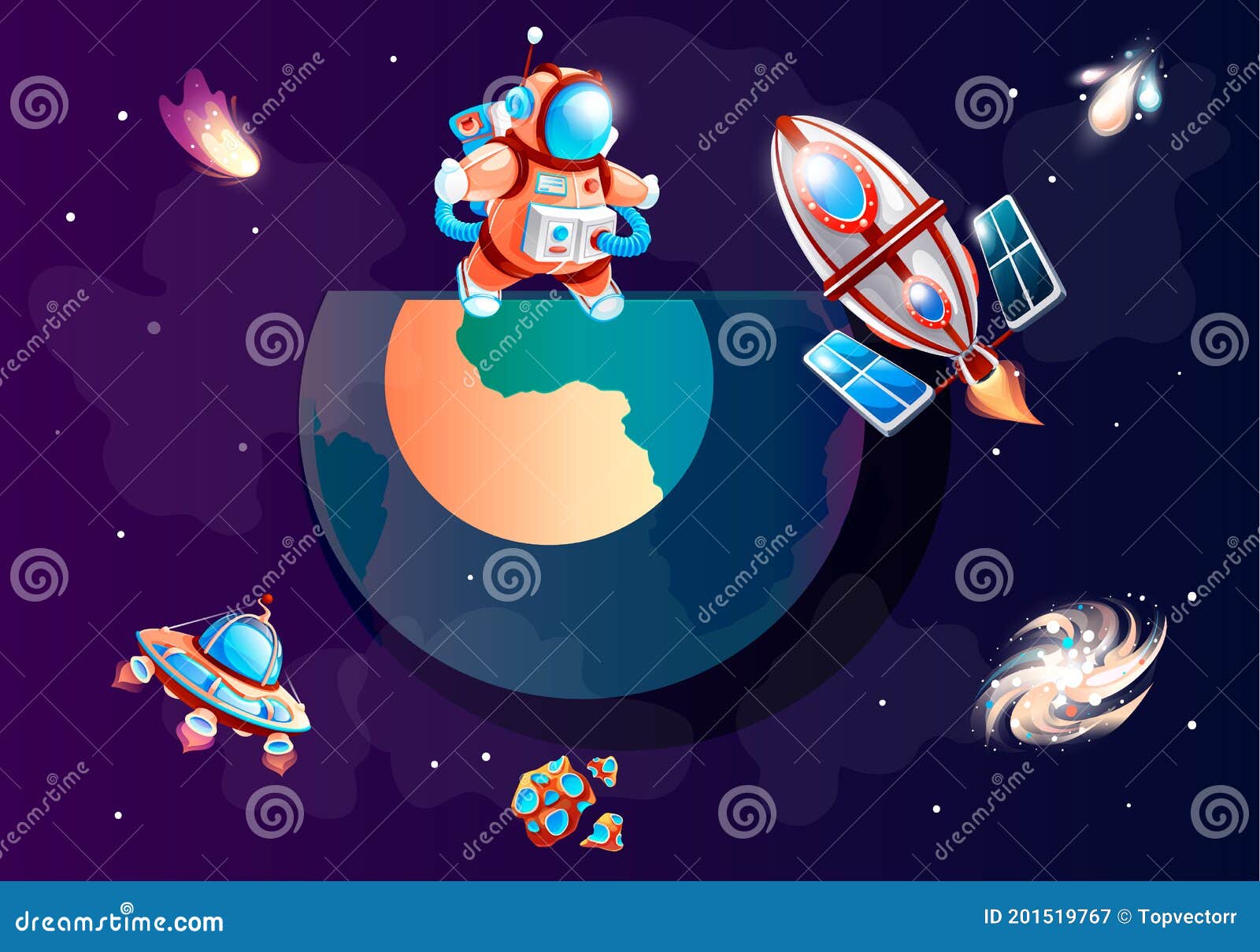 宇航服里的宇航员 太空火箭 穿行于银河系库存例证 插画包括有平面 查出 漏洞 地球 地图集