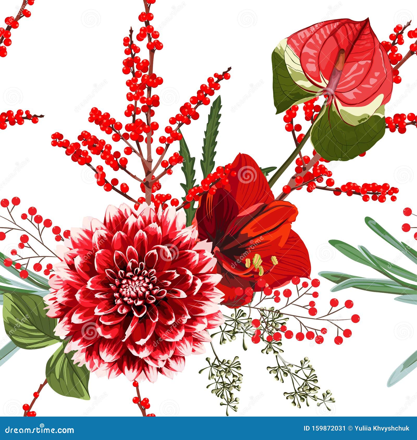 宽的无缝花背景图案红大丽花和百合花 带圣诞浆果 树枝上有白背叶库存例证 插画包括有枕头 玻色子 宽的无缝花背景图案红大丽花和百合花 带圣诞浆果 树枝上有白背叶库存例证 插画包括有枕头 玻色子