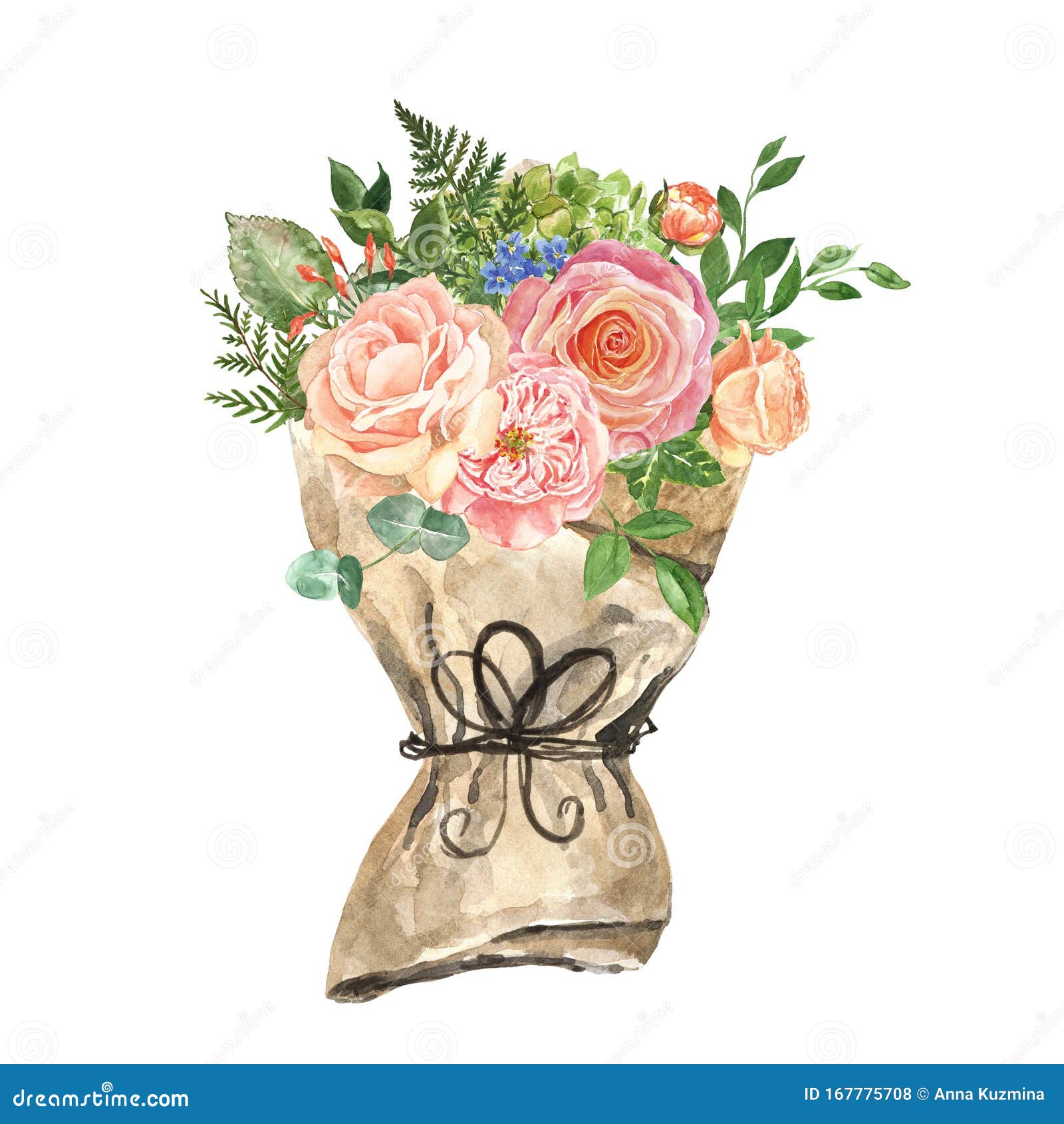 工艺包装纸上粉红玫瑰花水彩图假日贺卡 手绘库存例证 插画包括有行军 淡色 花卉 礼品 叶子