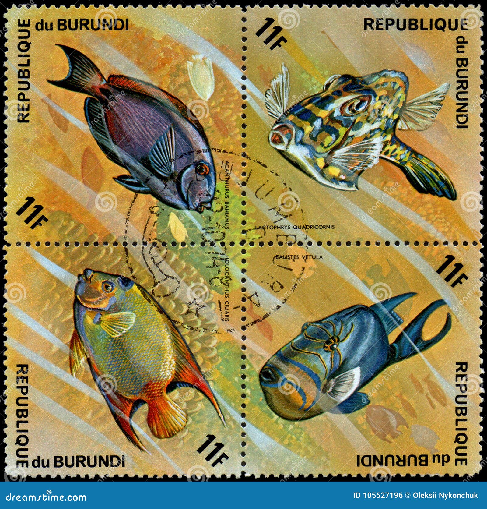 布隆迪共和国 大约1974年 邮票 打印在布隆迪 显示鱼 鳞属vetula Holocanthus Ciliaris 叶形装饰板ba 编辑类照片 插画包括有