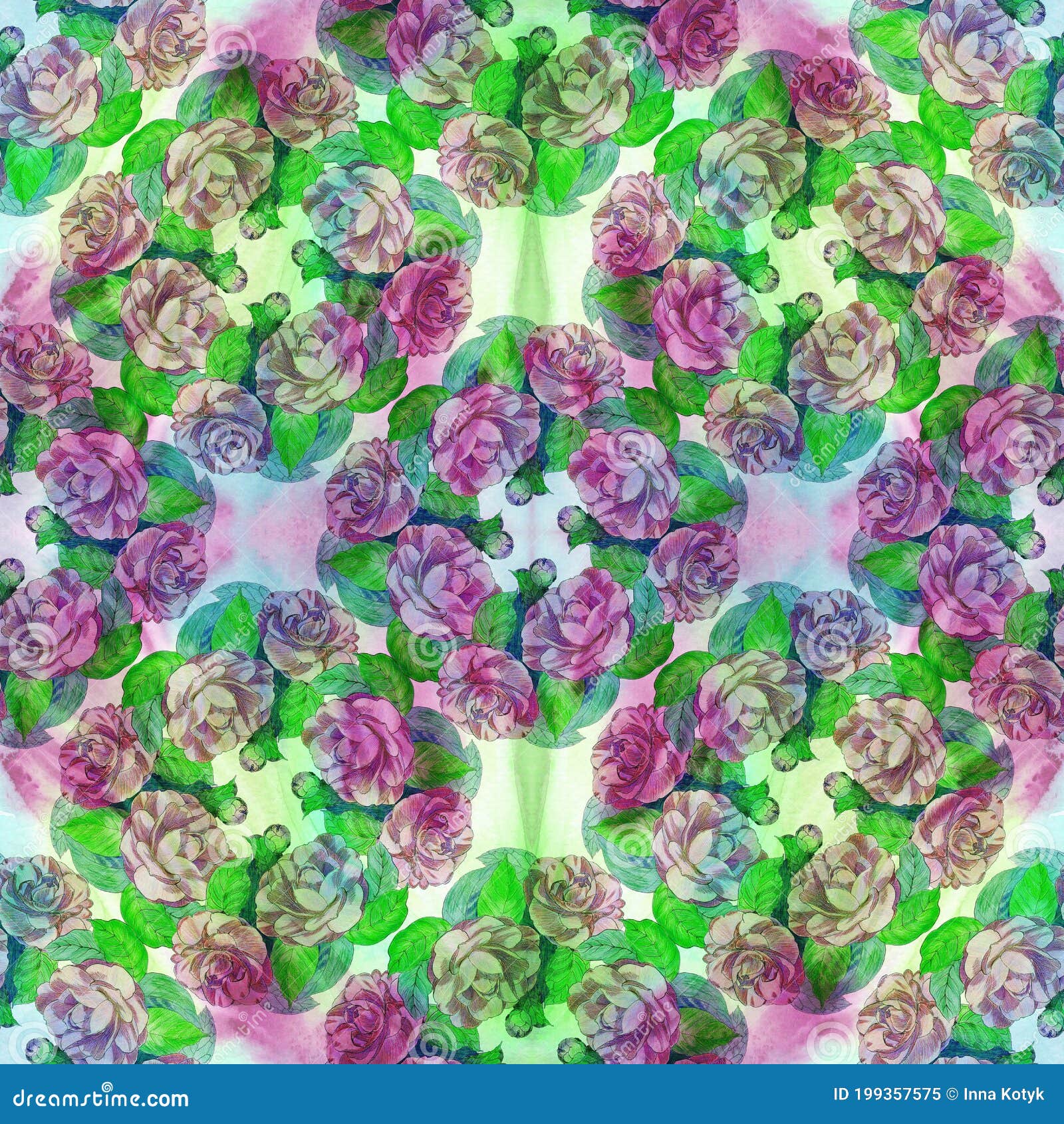 带s叶的阿梅莉花水色背景上的装饰组合物花图案无缝图案使用打印库存例证 插画包括有花图案 水色背景上的装饰组合物