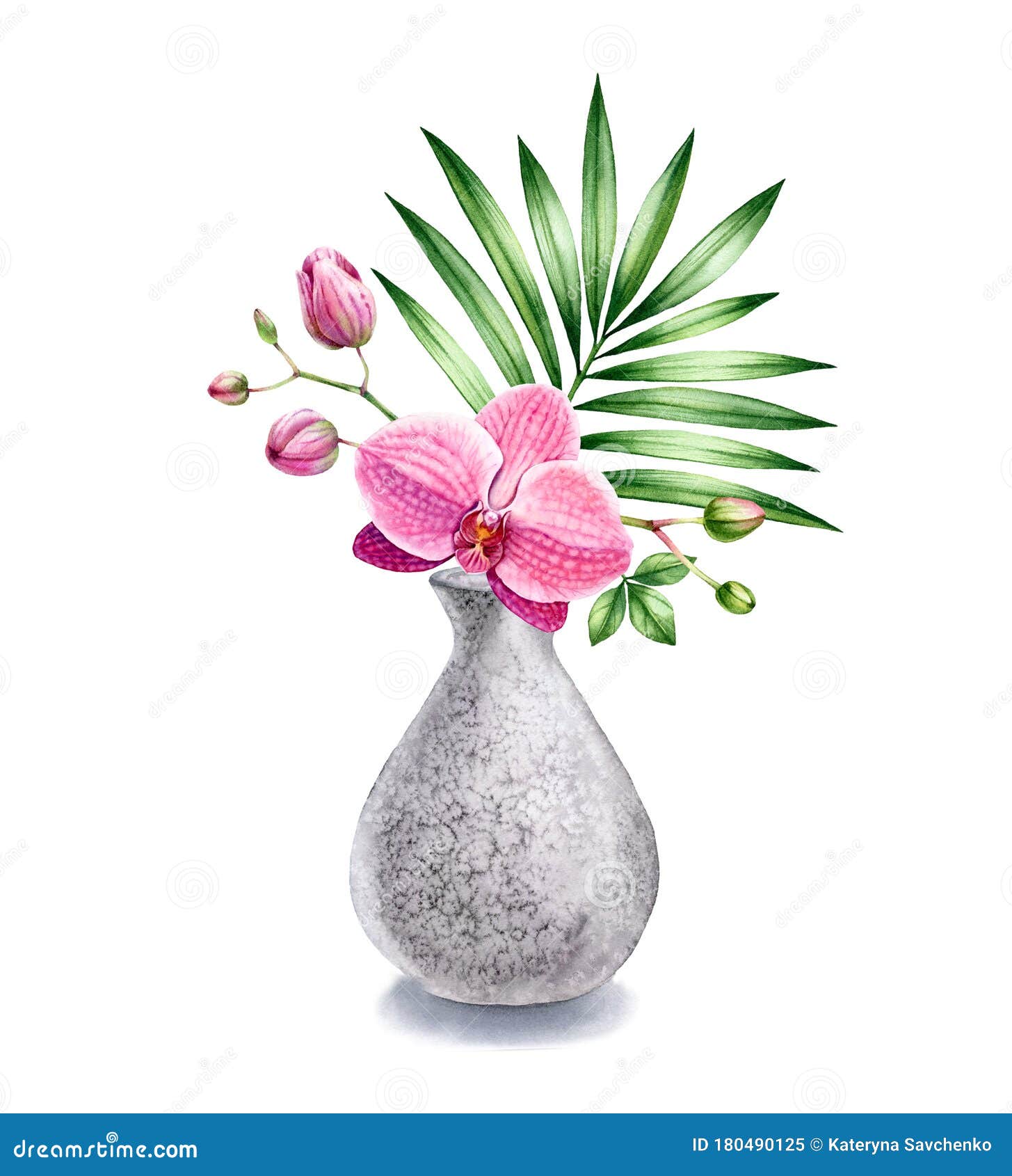带兰花的水彩花瓶棕叶热带花灰石内饰现实主义库存例证 插画包括有清凉剂 灰色 装饰 设计