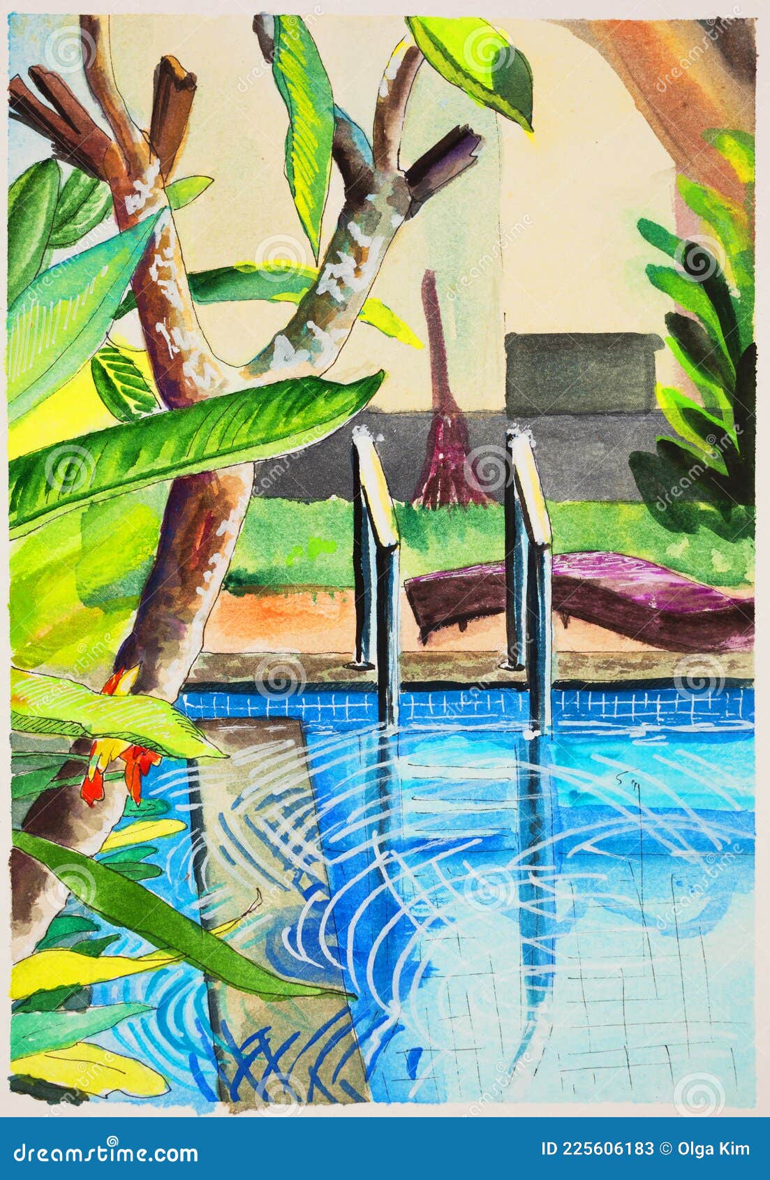带游泳池和脆树的明亮热带景色 水彩素描库存例证 插画包括有庭院 反映 照亮 现有量 艺术性