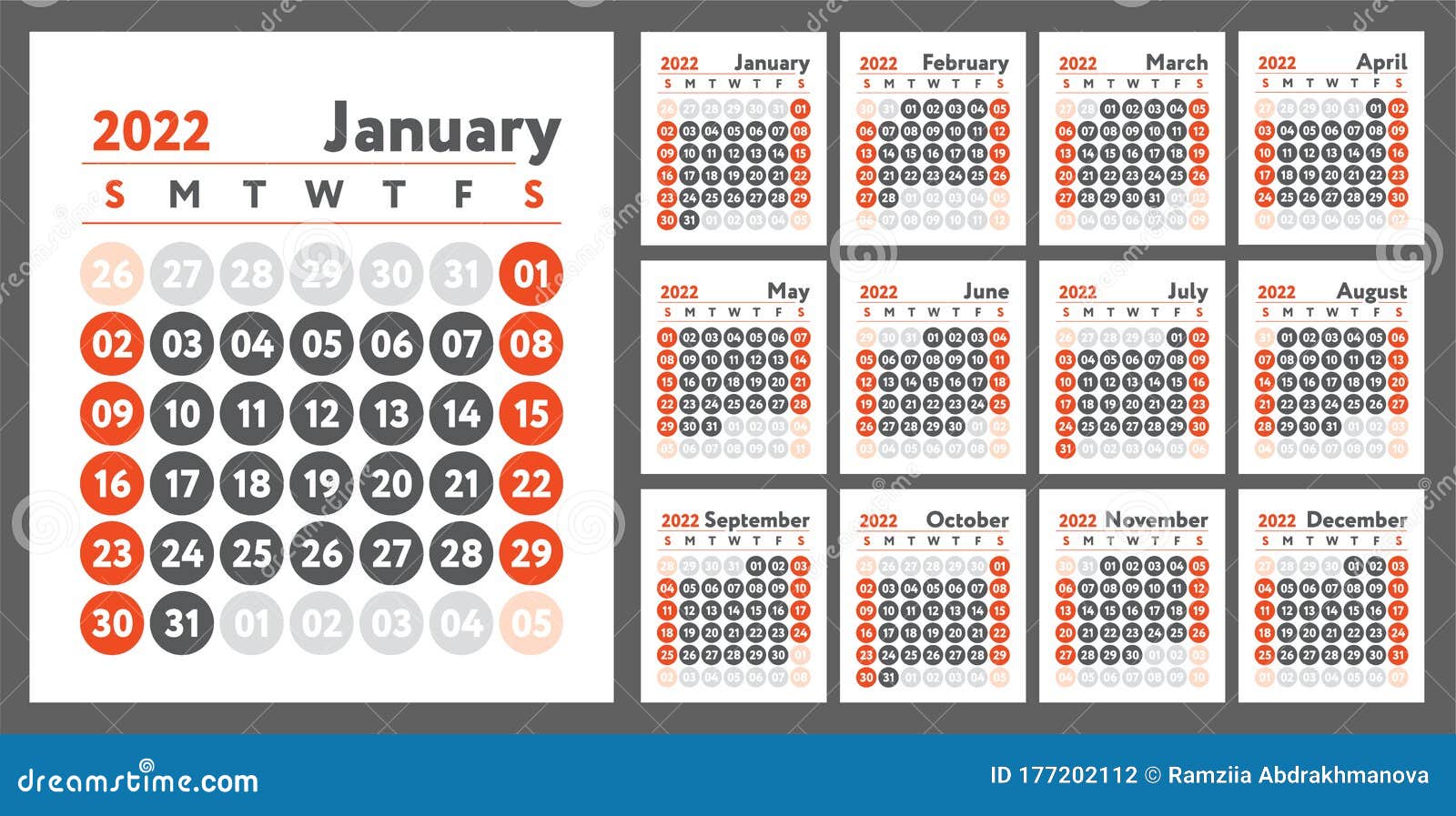 22年历新年规划师设计英语日历红色矢量模板星期日开始业务规划向量例证 插画包括有每季 办公室