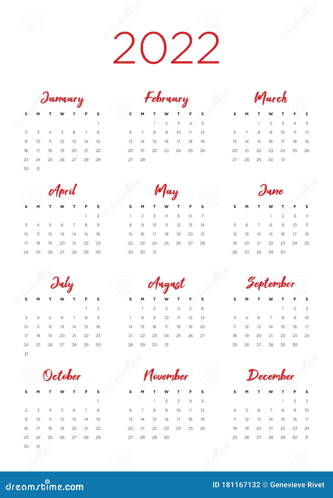 22年年历向量例证 插画包括有星期 月份 年度 收集 向量 月度 逐年 模板