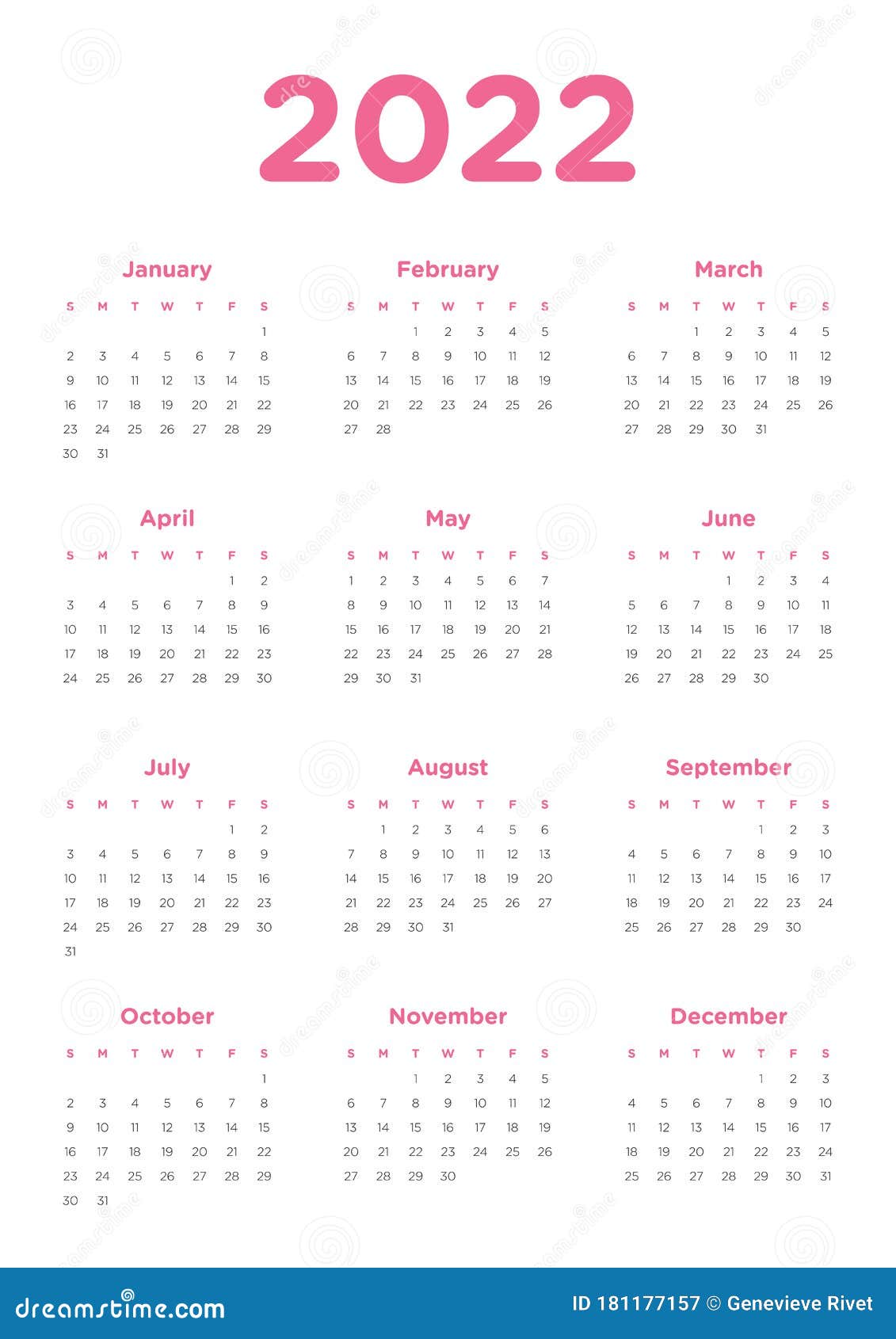 22年年历向量例证 插画包括有收集 模板 星期 逐年 月度 年度 向量 日历
