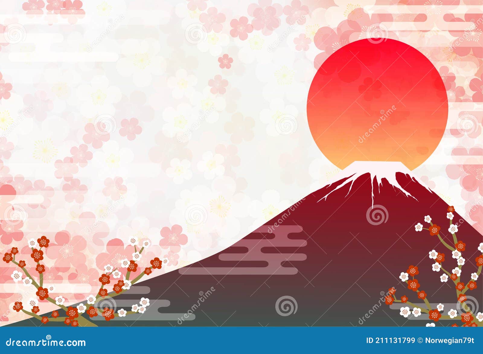 年賀状 梅の和風背景と赤富士と鶴 初日の出 Ilustracion Del Vector Ilustracion De Flor