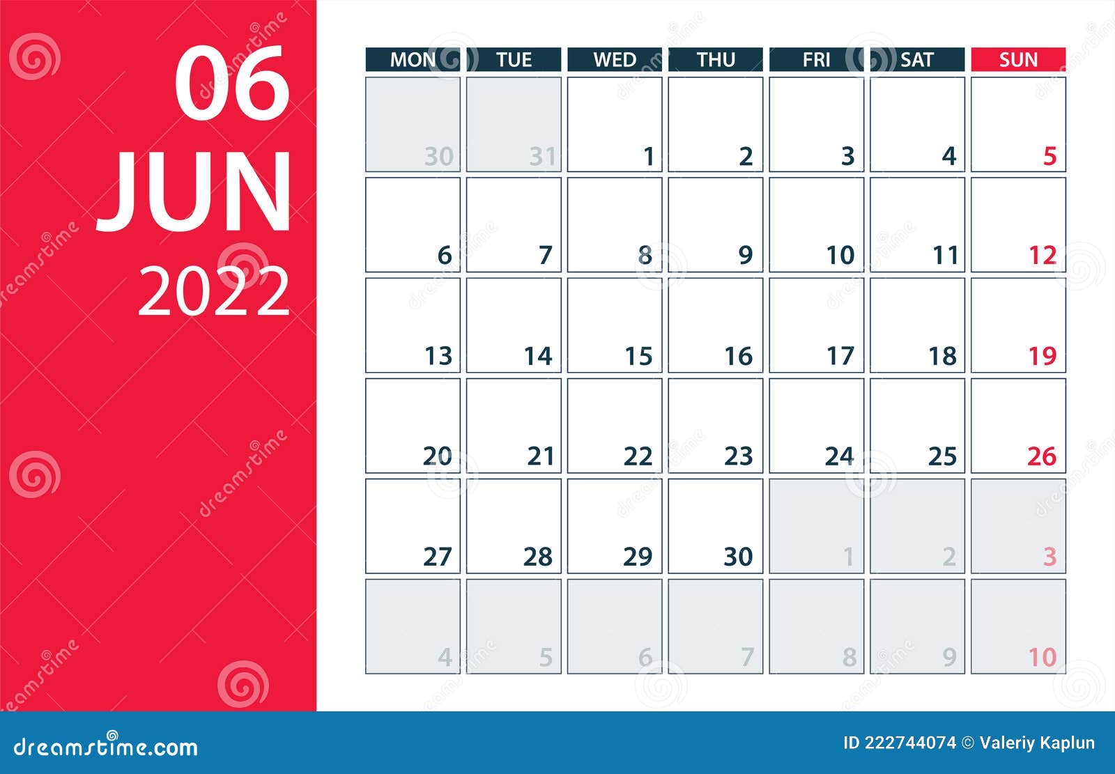 22年6月日历规划器矢量图插图 模板 模拟向量例证 插画包括有平面 数据 要素 模板