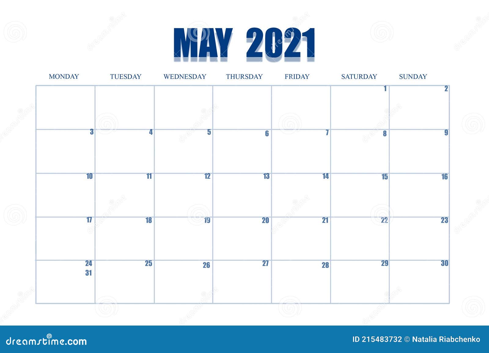 2021年5月的活动计划员. 白色背景中的日历页. 包含月份中的天数和周数 