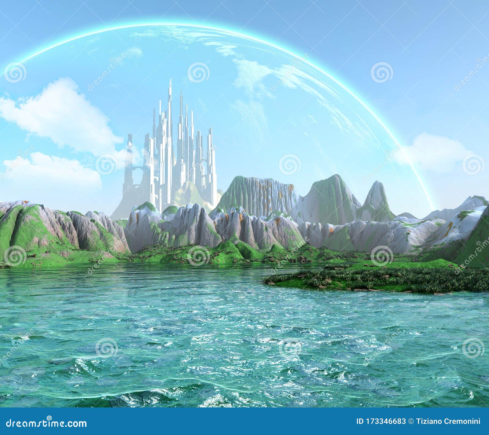 幻想景观 带有未来主义的城市 外星行星系 海和云 3d图库存例证 插画包括有小珠靠岸的 未来派 幻想景观 带有未来主义的城市 外星行星系 海和云 3d图库存例证 插画包括有小珠靠岸的 未来派